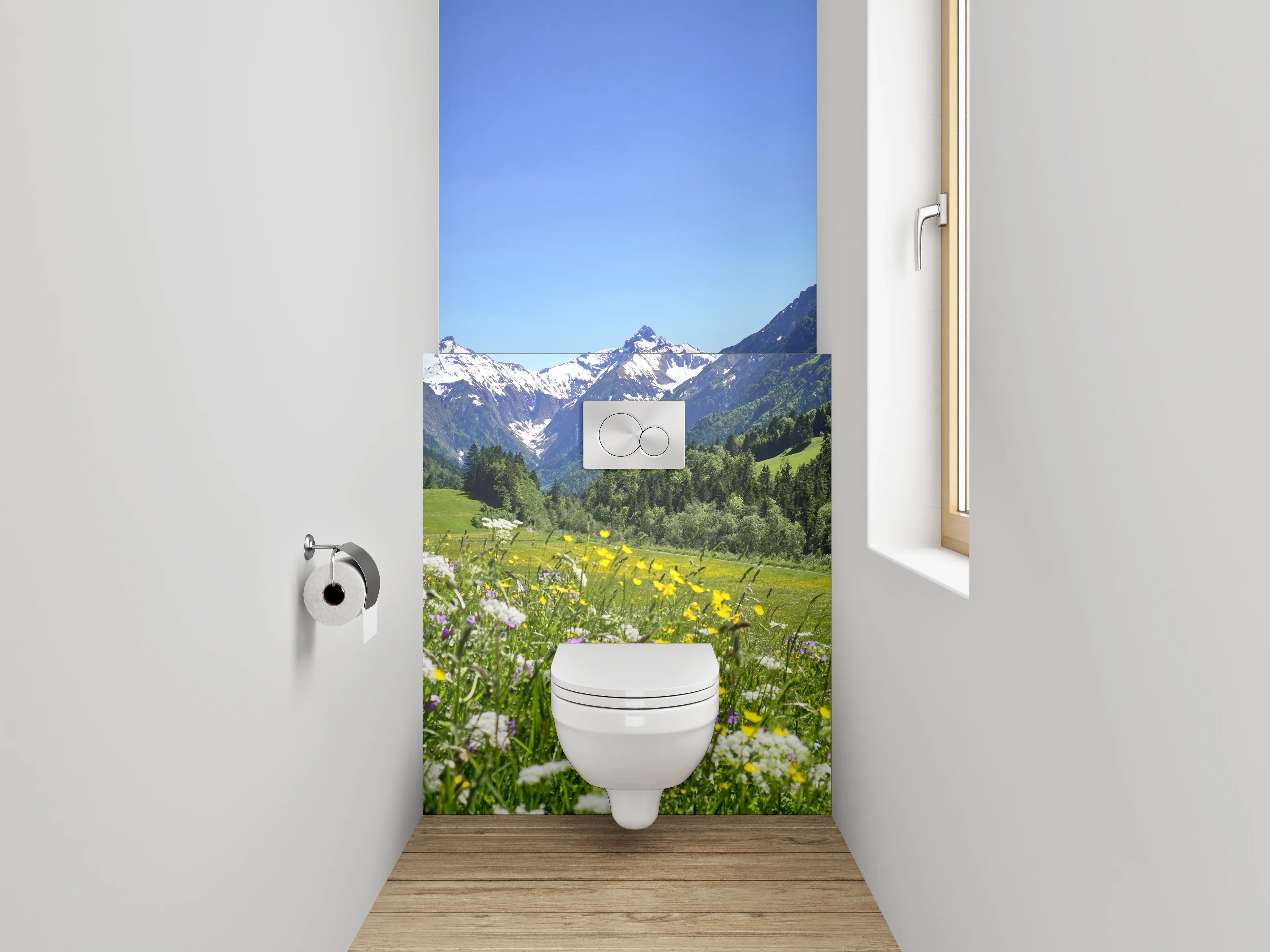 WC-Rückwand - Alpenpanorama mit Blumenwiese