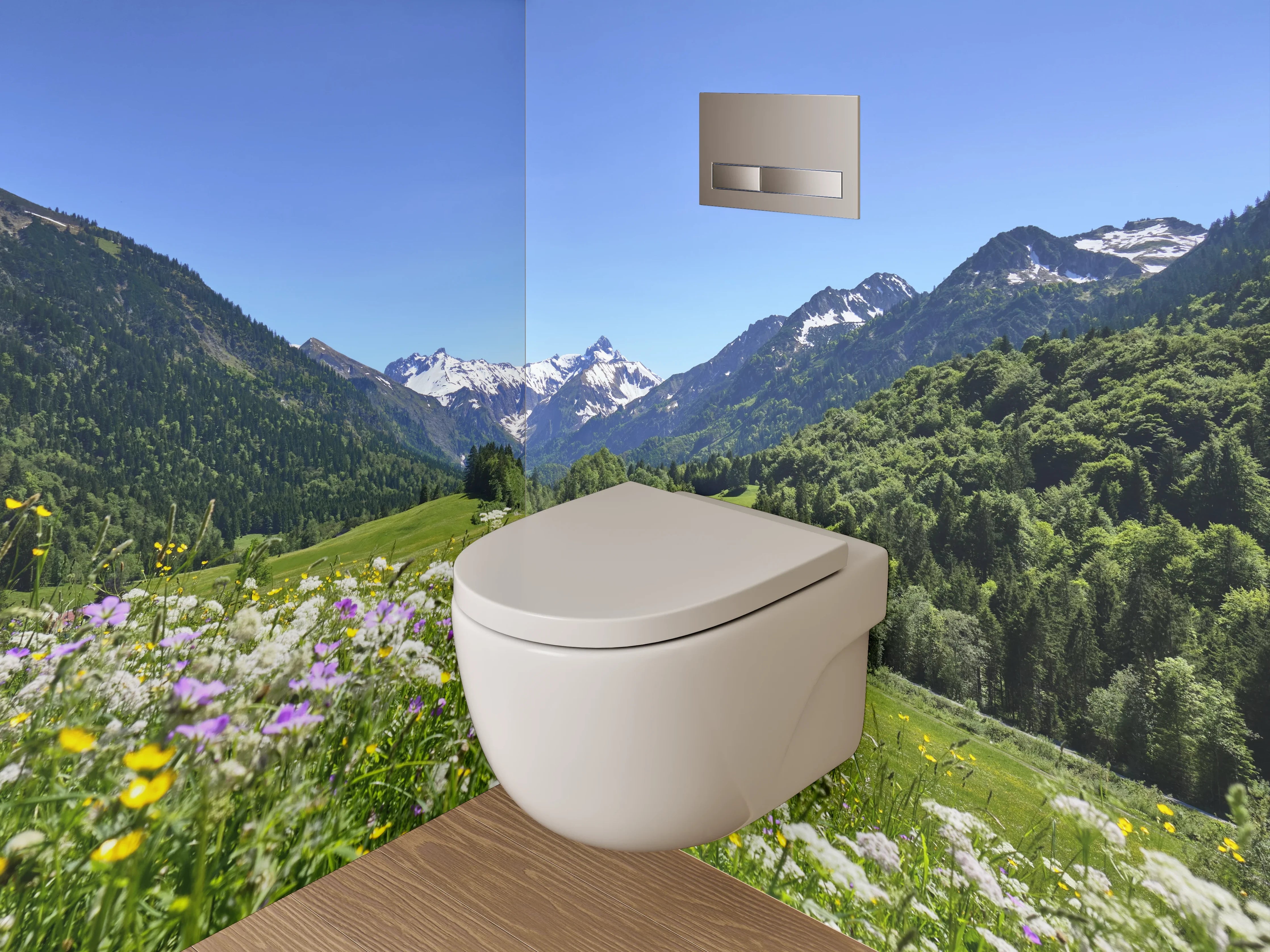 WC-Rückwand - Alpenpanorama mit Blumenwiese