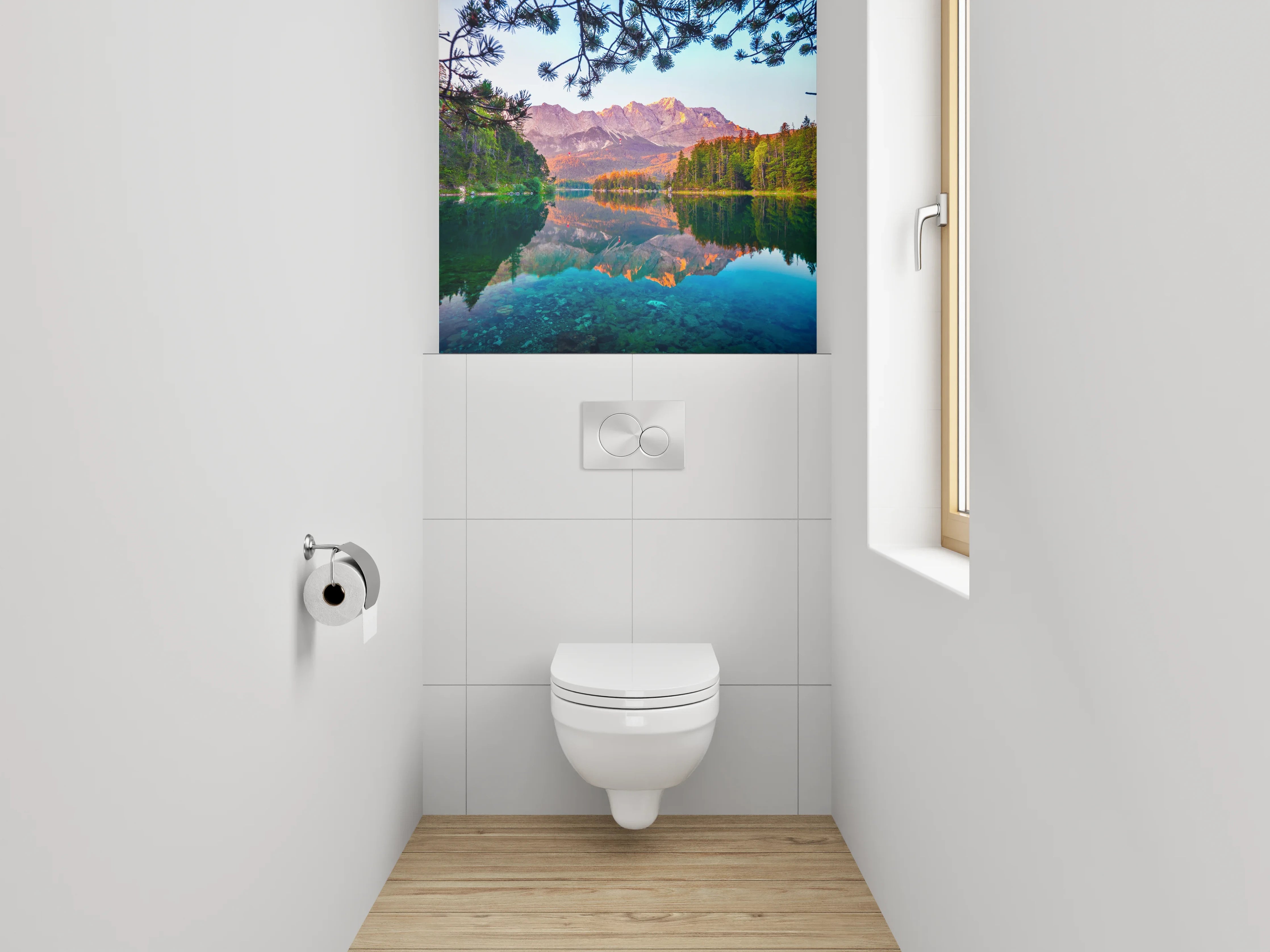 WC-Rückwand - Alpensee mit Bergen und Wald