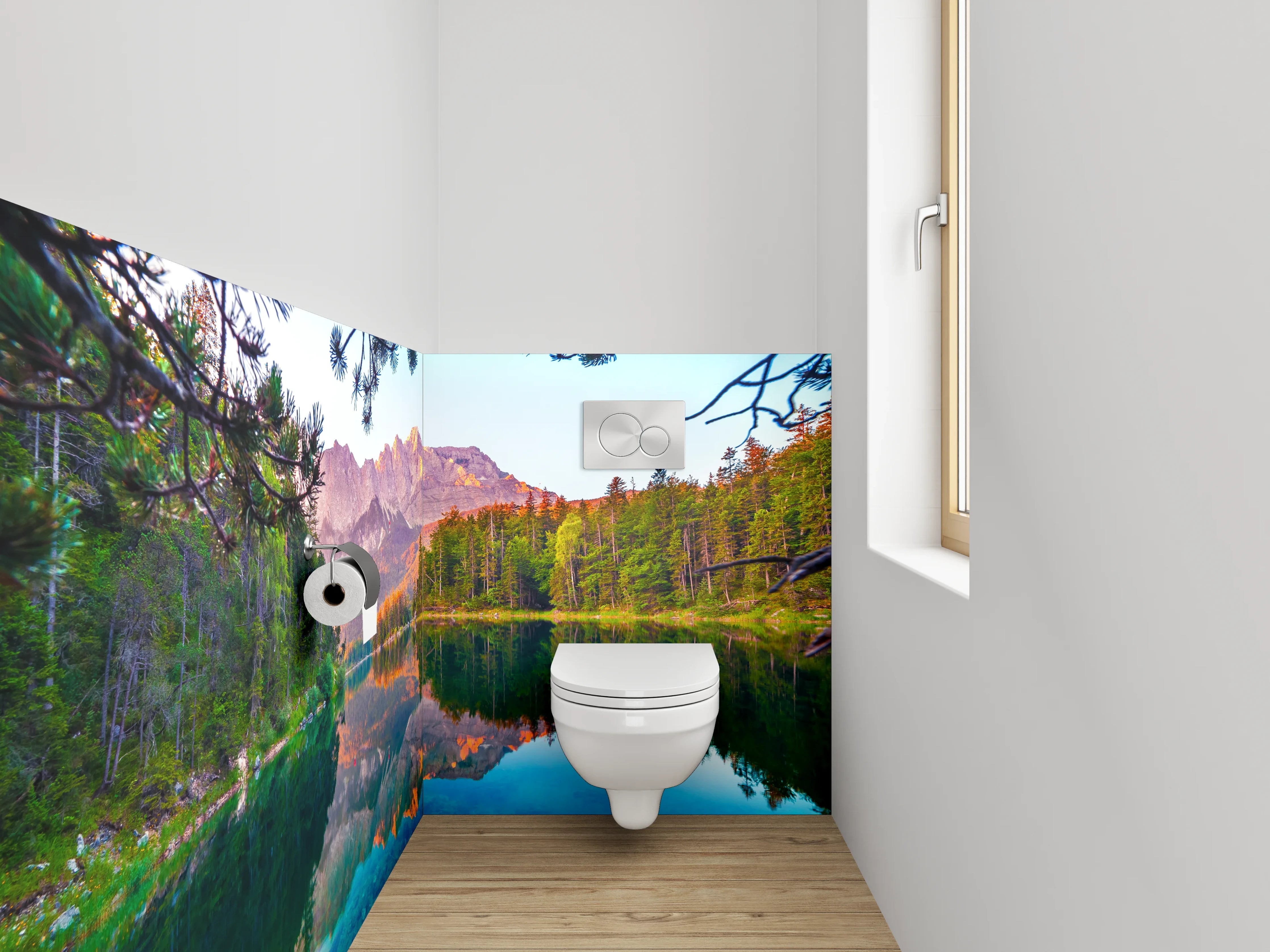 WC-Rückwand - Alpensee mit Bergen und Wald