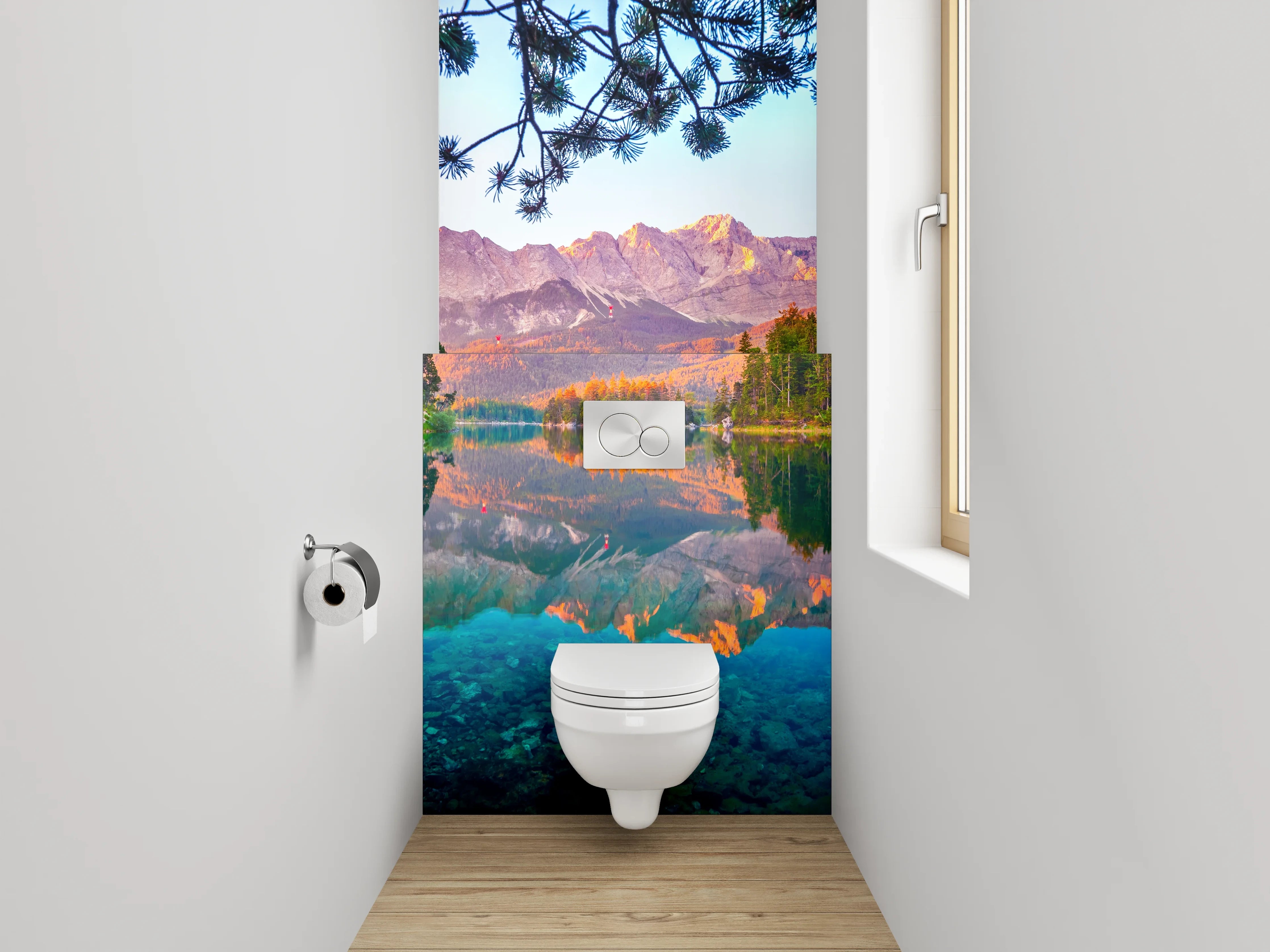 WC-Rückwand - Alpensee mit Bergen und Wald