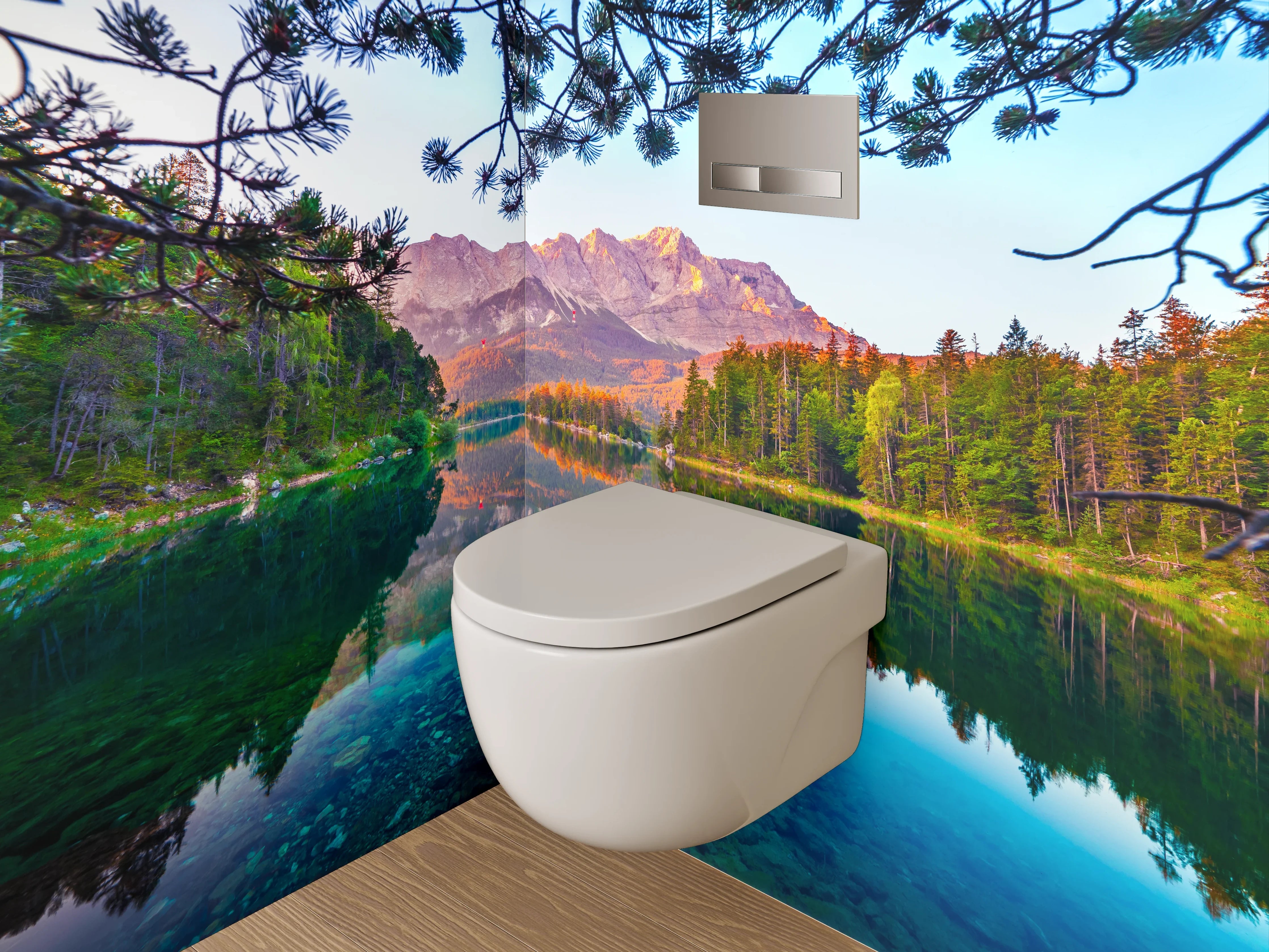 WC-Rückwand - Alpensee mit Bergen und Wald