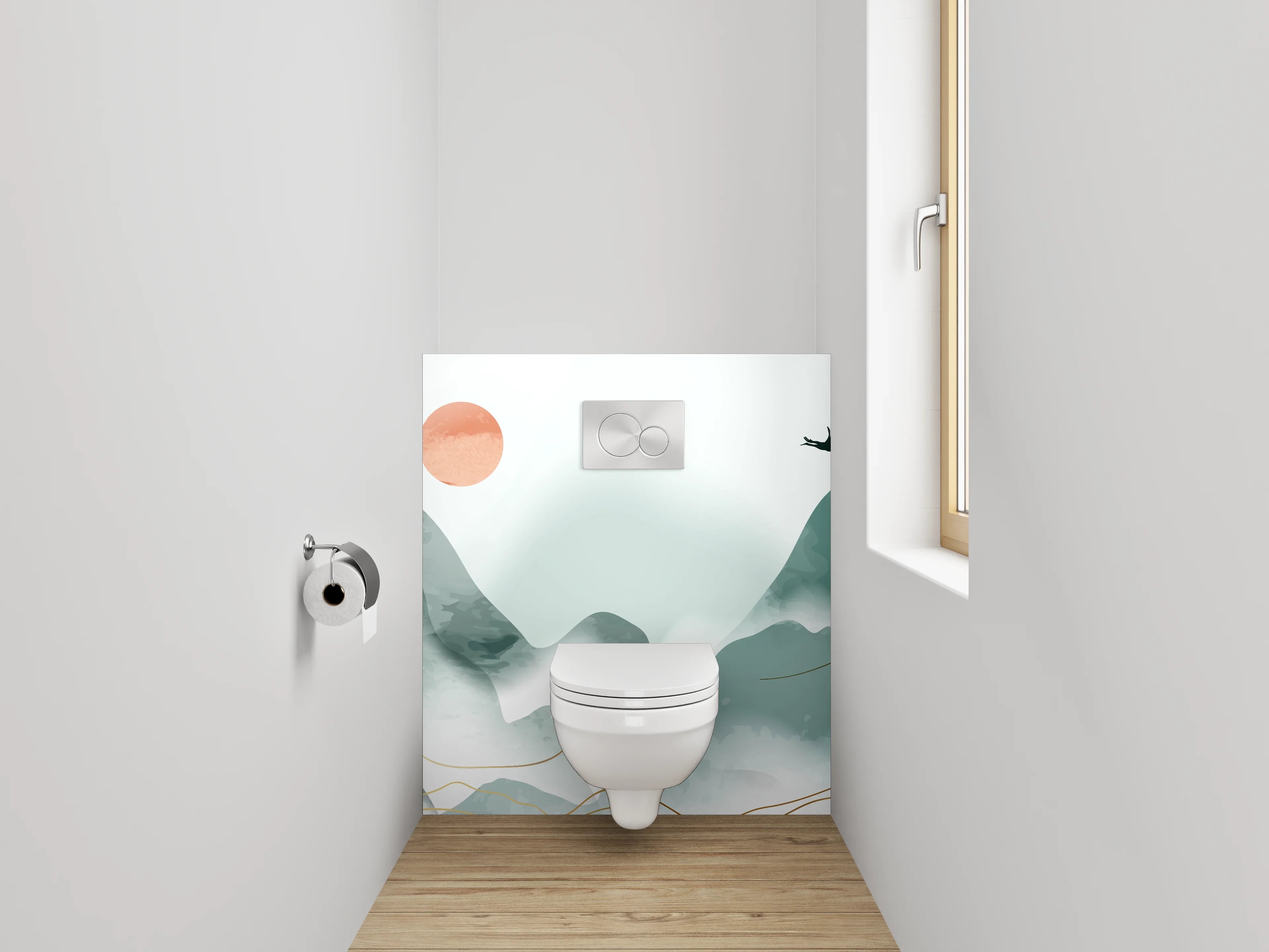 WC-Rückwand - Aquarell Berge und Kraniche minimalistisch