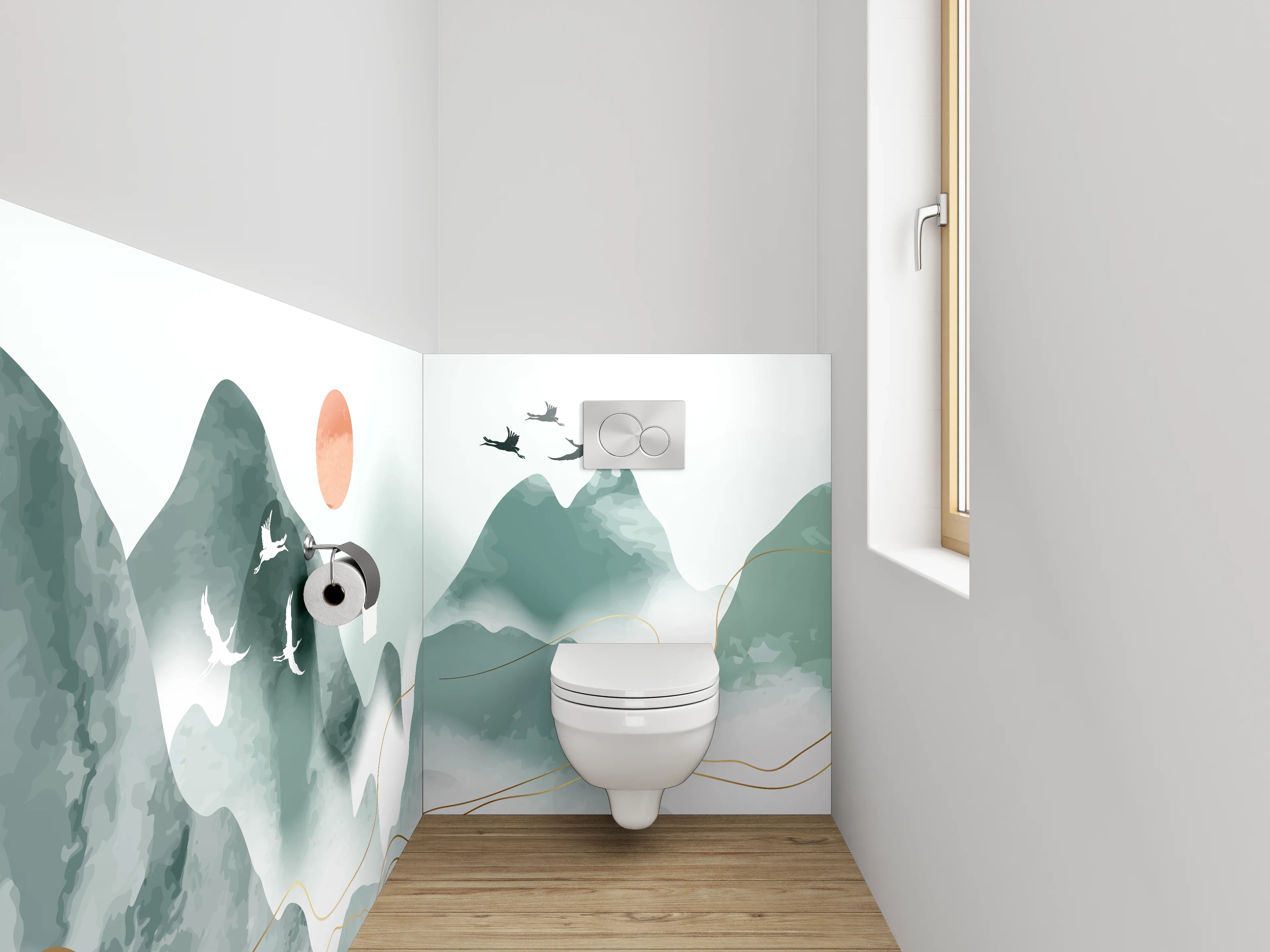 WC-Rückwand - Aquarell Berge und Kraniche minimalistisch