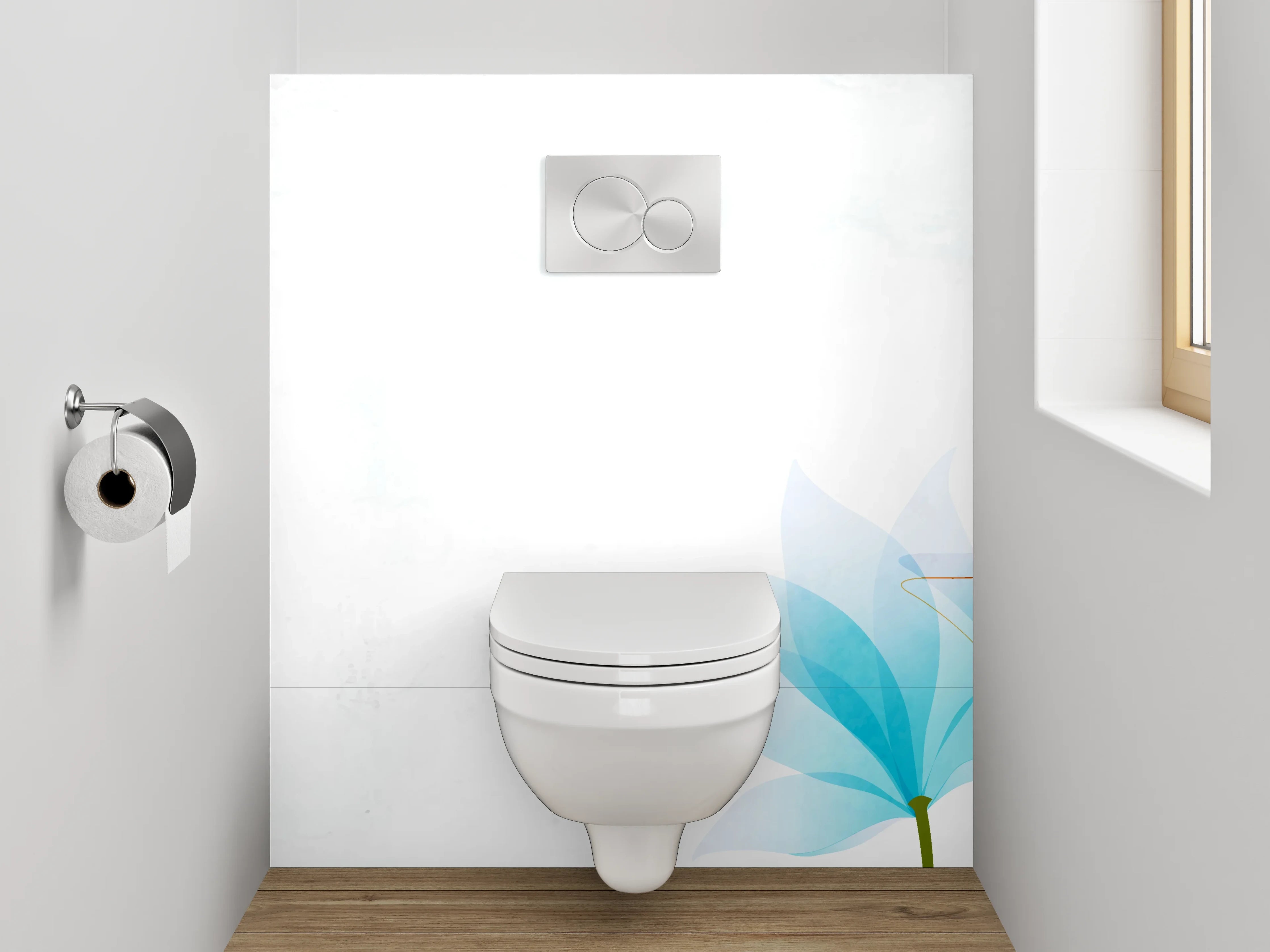 WC-Rückwand - Aquarell-Blaue Lotusblüten auf Weiß