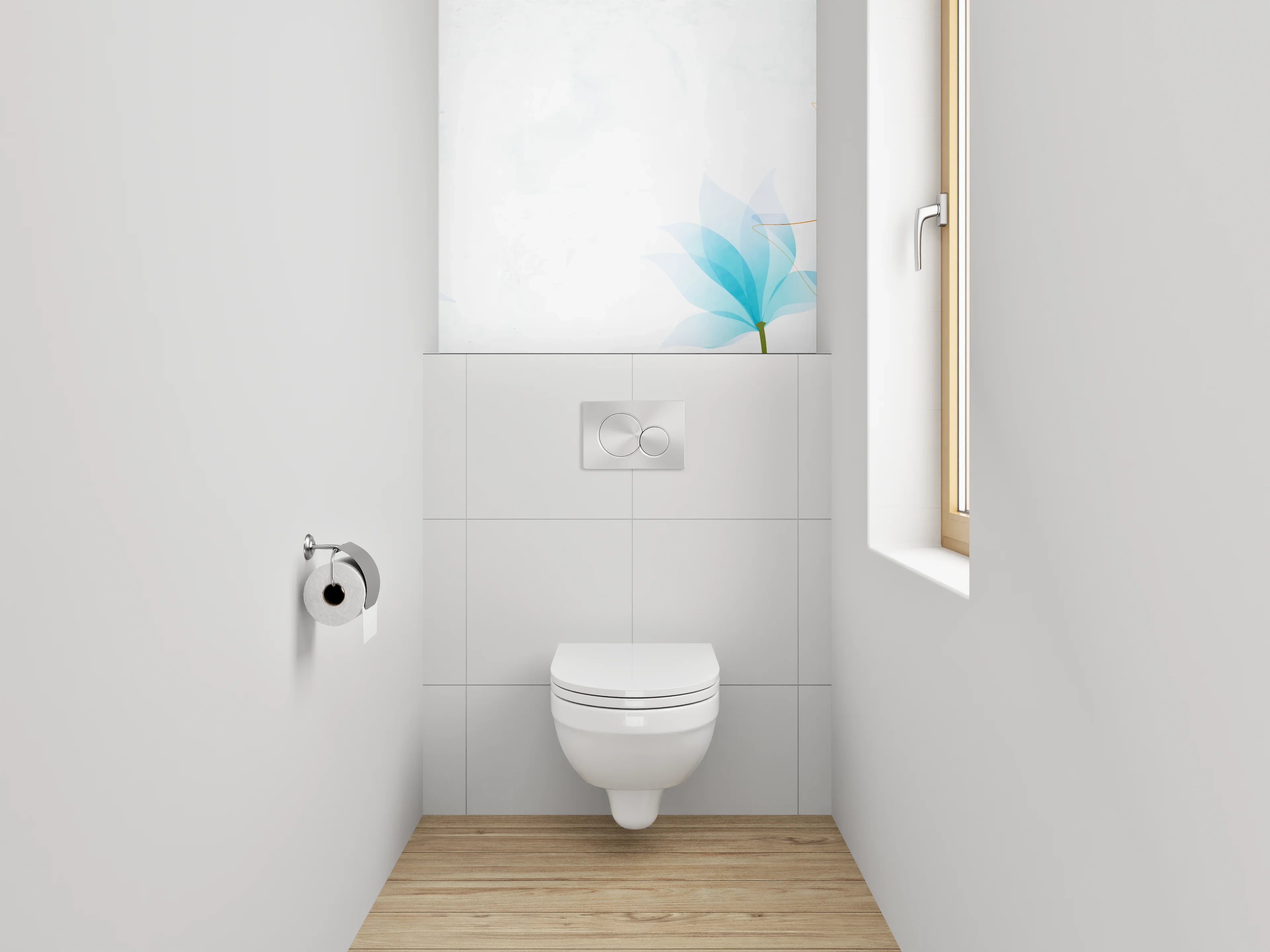 WC-Rückwand - Aquarell-Blaue Lotusblüten auf Weiß