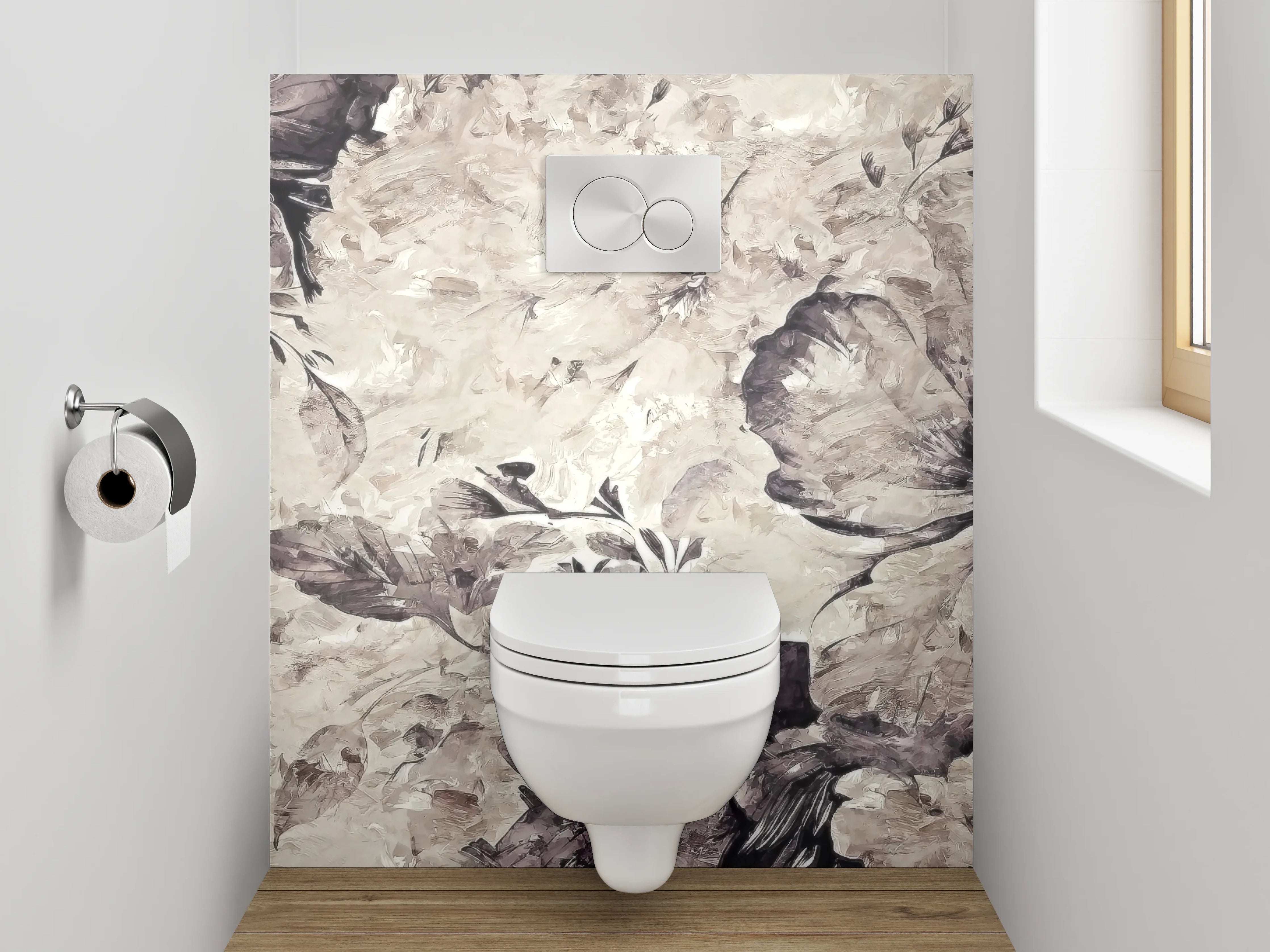 WC-Rückwand - Aquarell-Blumen Beige Grau Schwarz