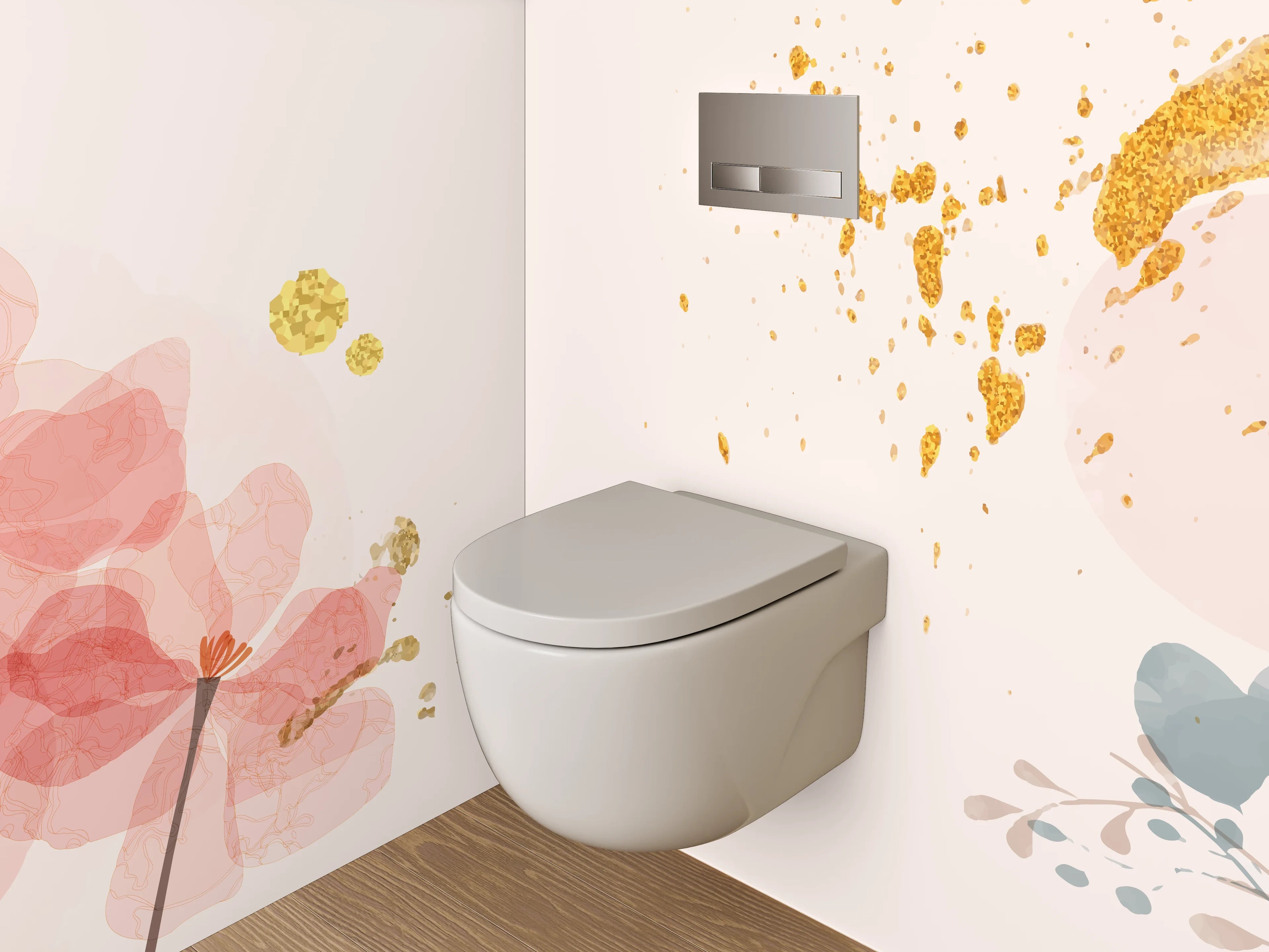 WC-Rückwand - Aquarell Blumen Goldkleckse Deko