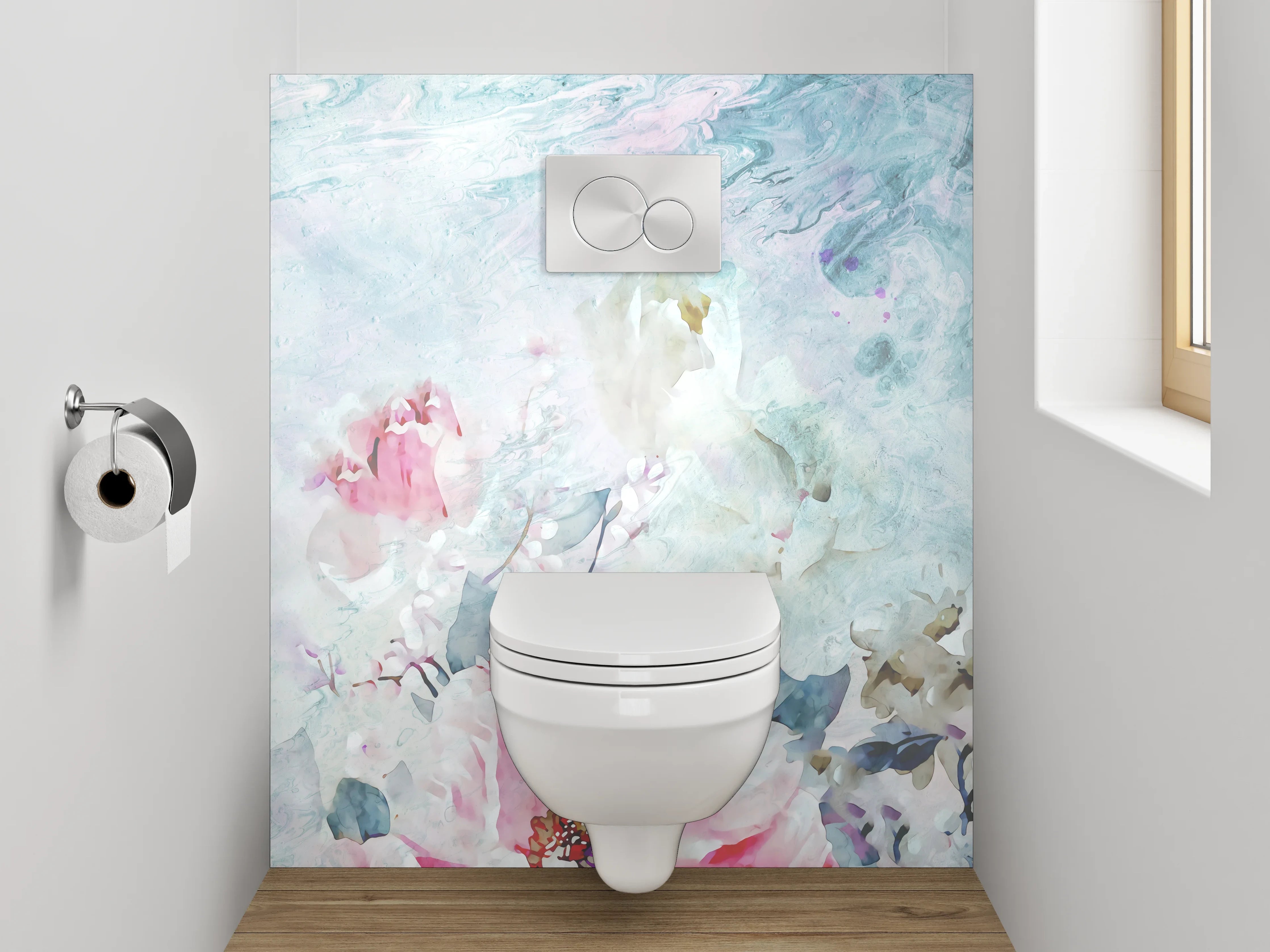 WC-Rückwand - Aquarell Blumen Marmor Optik Weiß