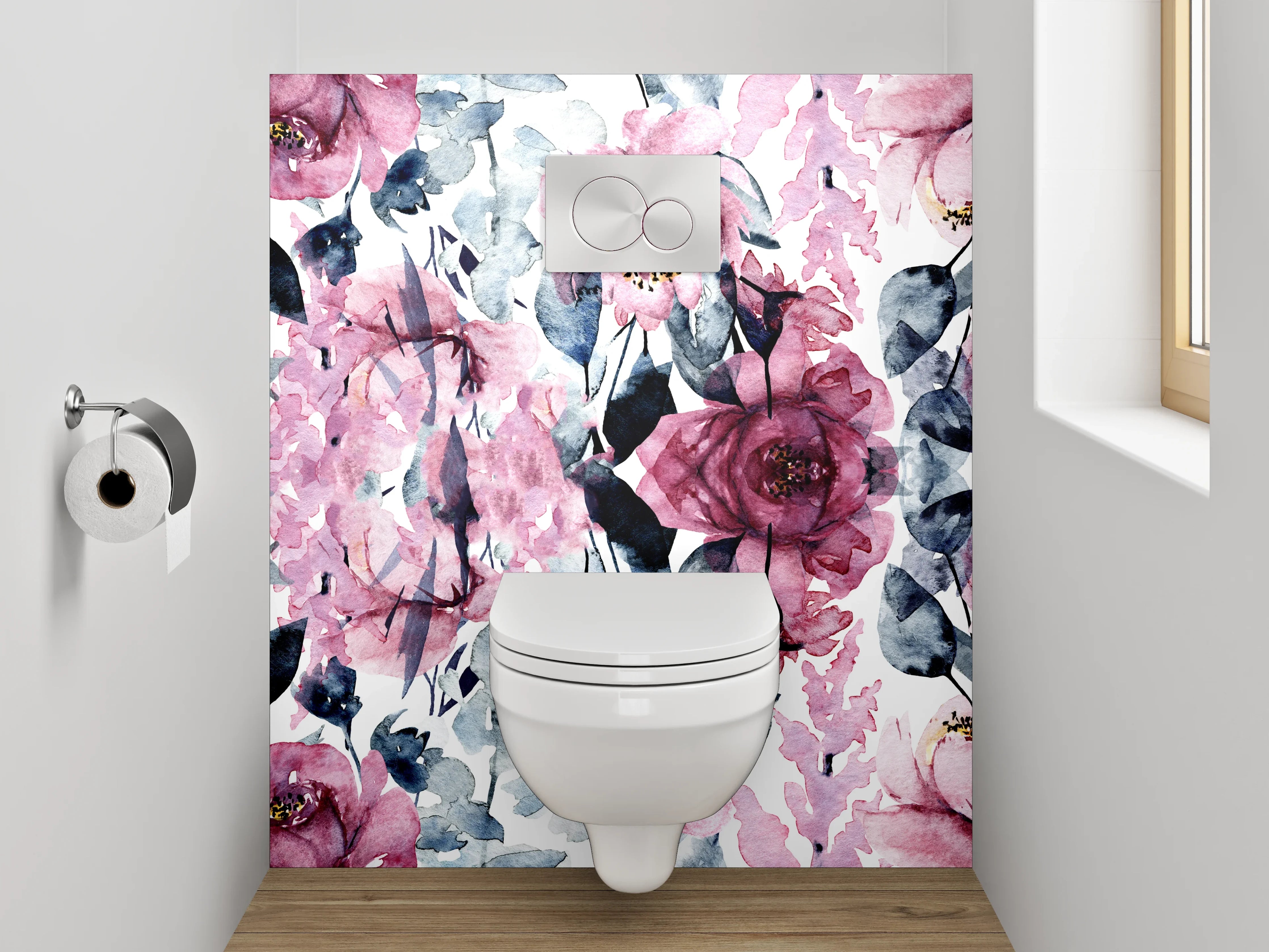 WC-Rückwand - Aquarell Blumen Rosa Grau Weiß