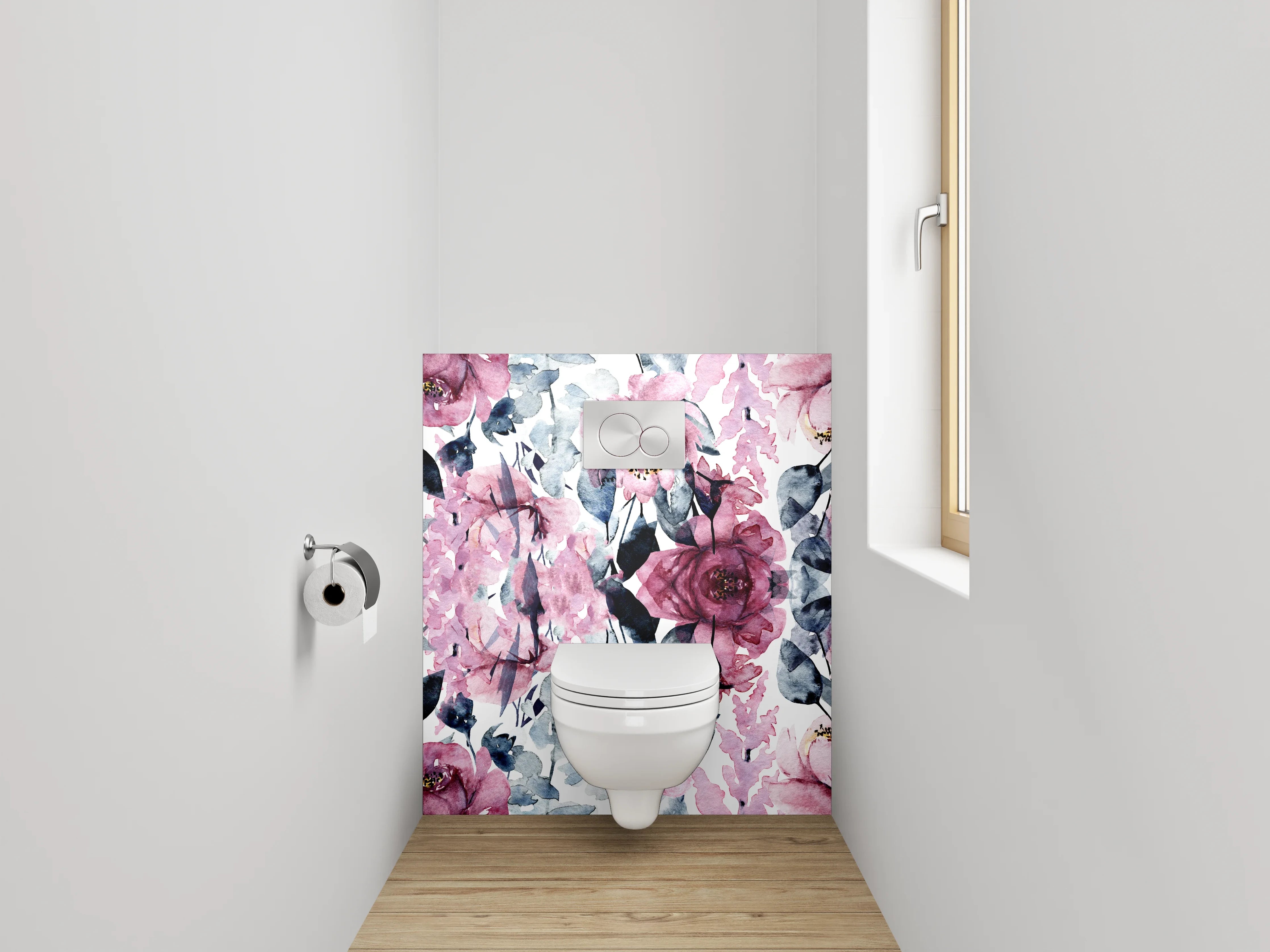 WC-Rückwand - Aquarell Blumen Rosa Grau Weiß