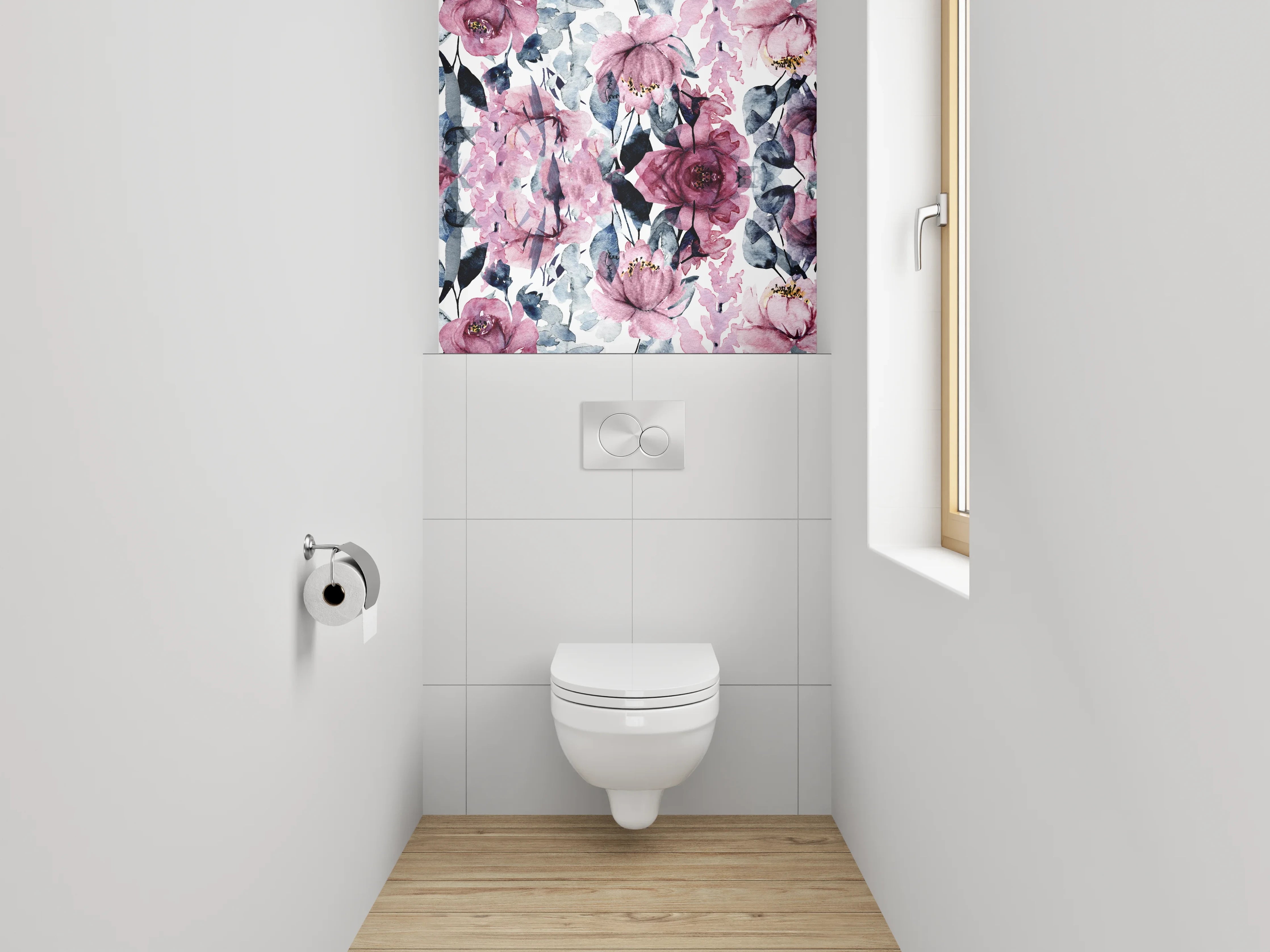 WC-Rückwand - Aquarell Blumen Rosa Grau Weiß