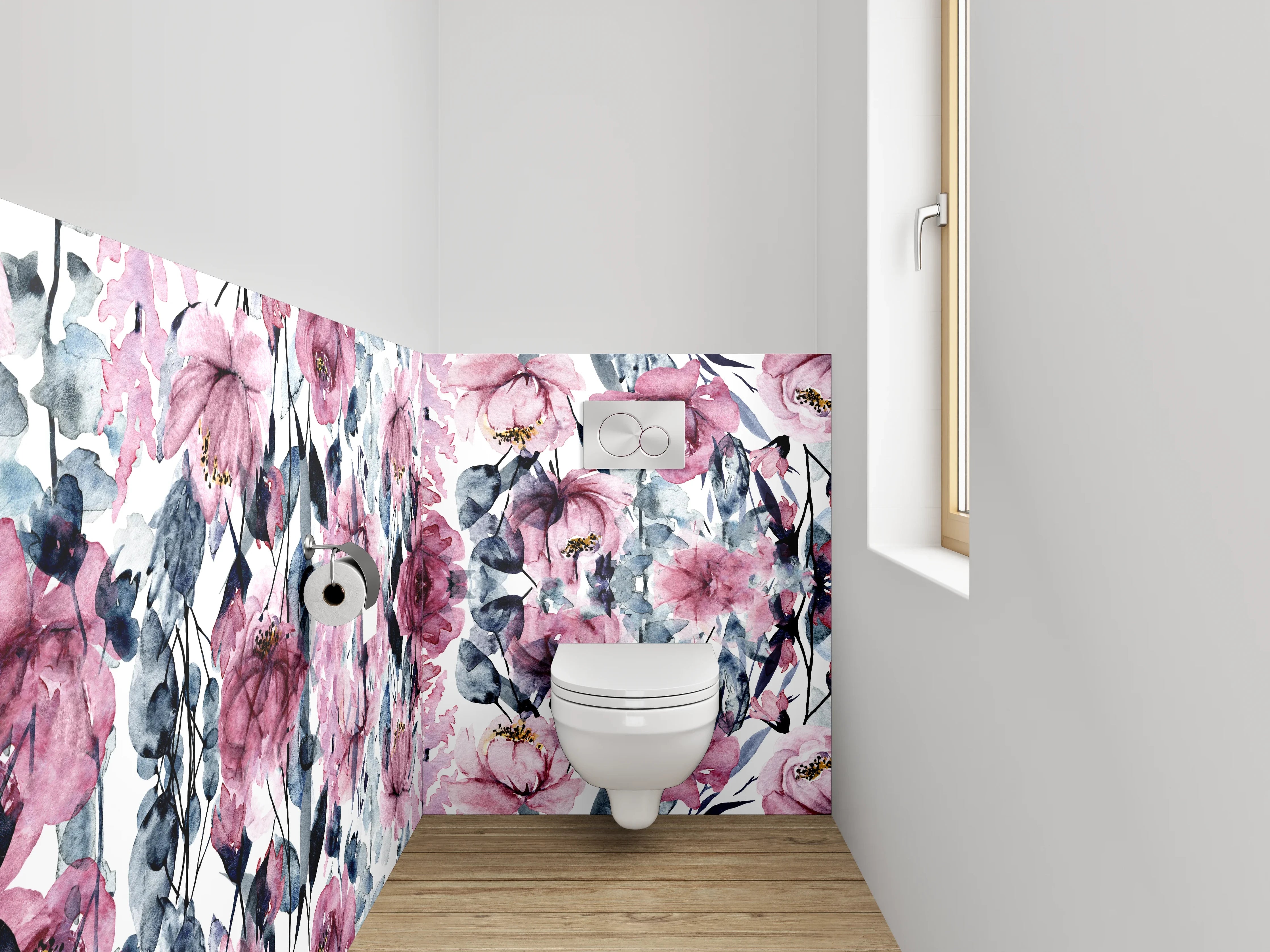 WC-Rückwand - Aquarell Blumen Rosa Grau Weiß