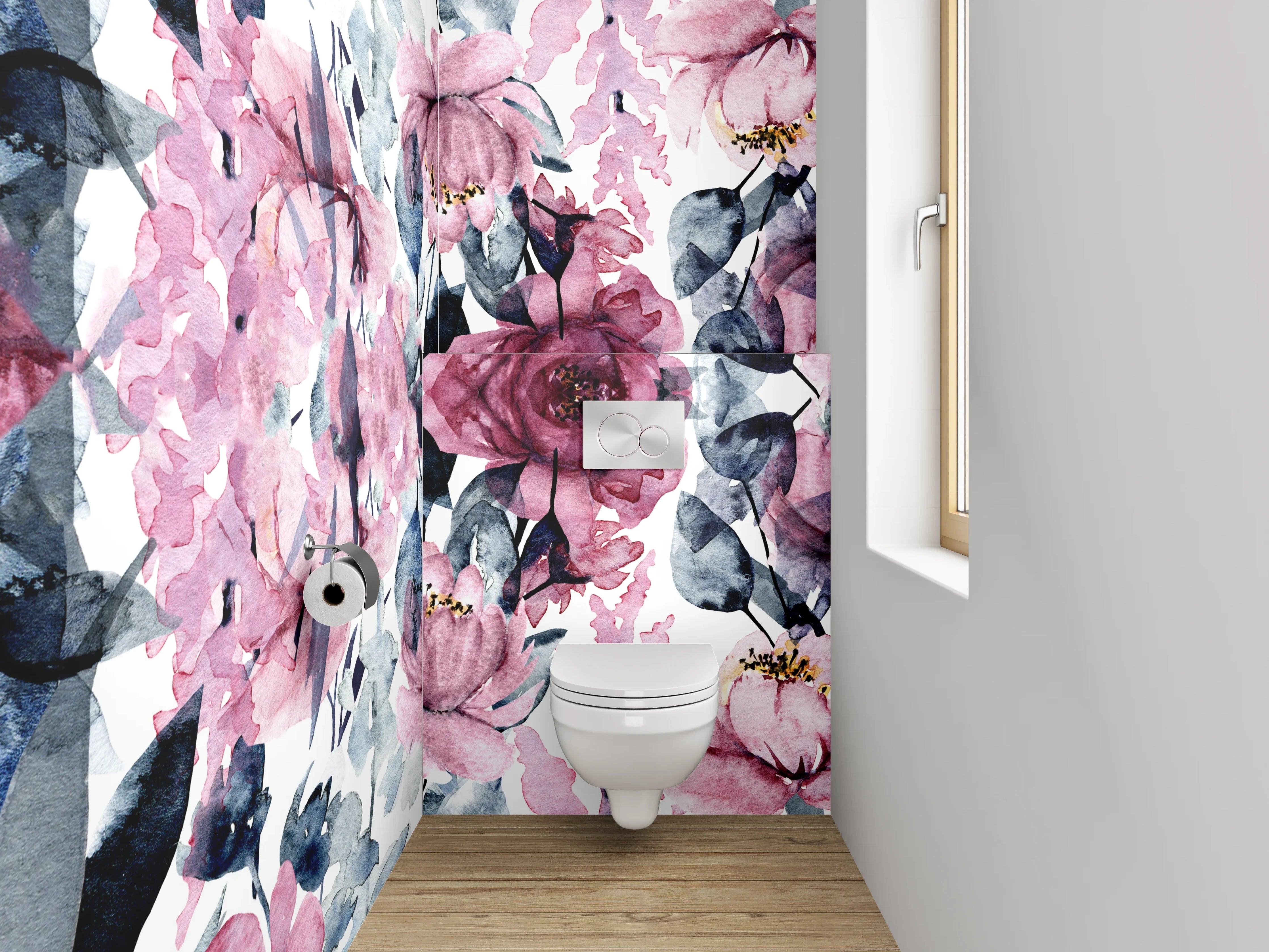 WC-Rückwand - Aquarell Blumen Rosa Grau Weiß
