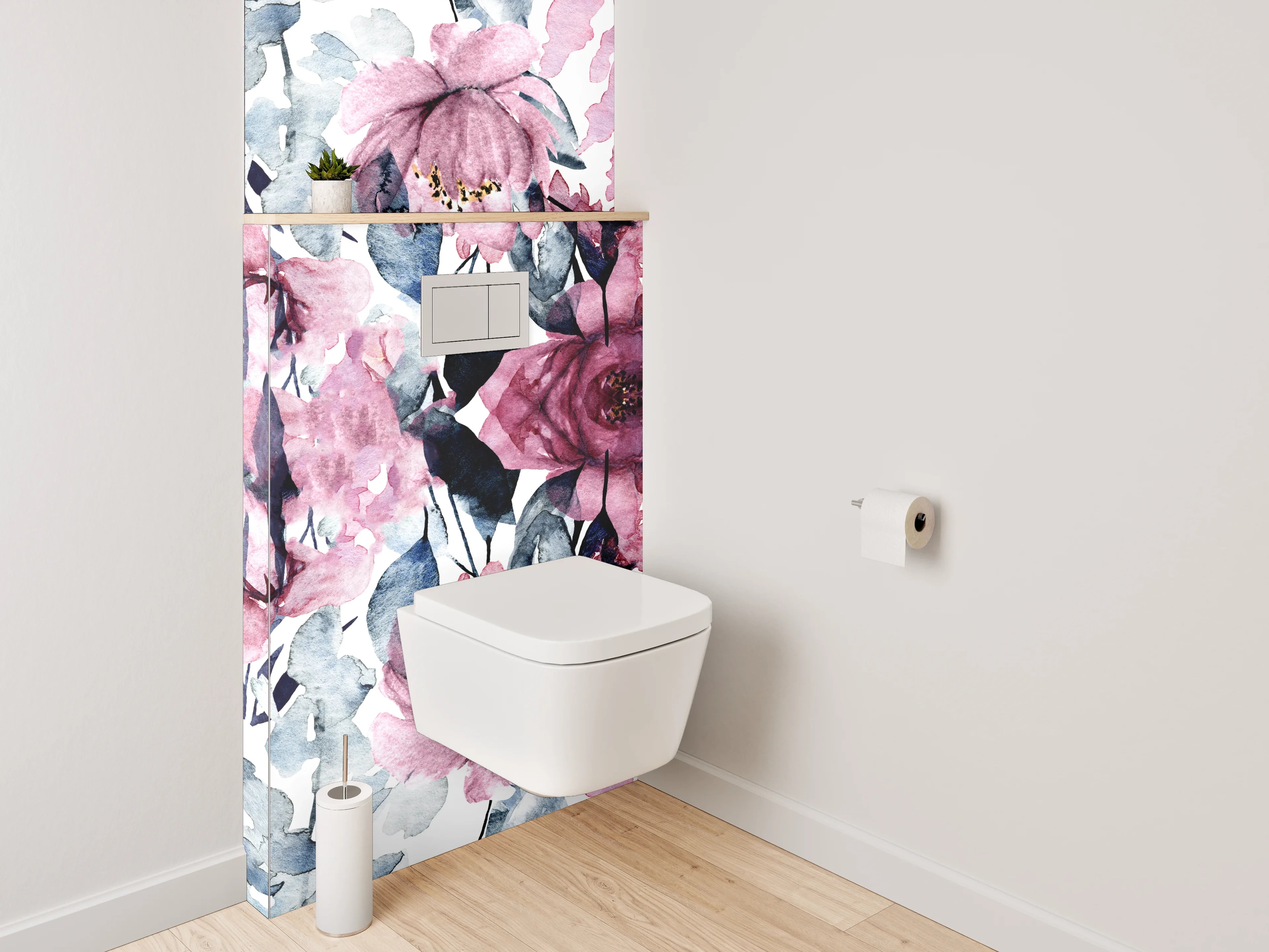WC-Rückwand - Aquarell Blumen Rosa Grau Weiß