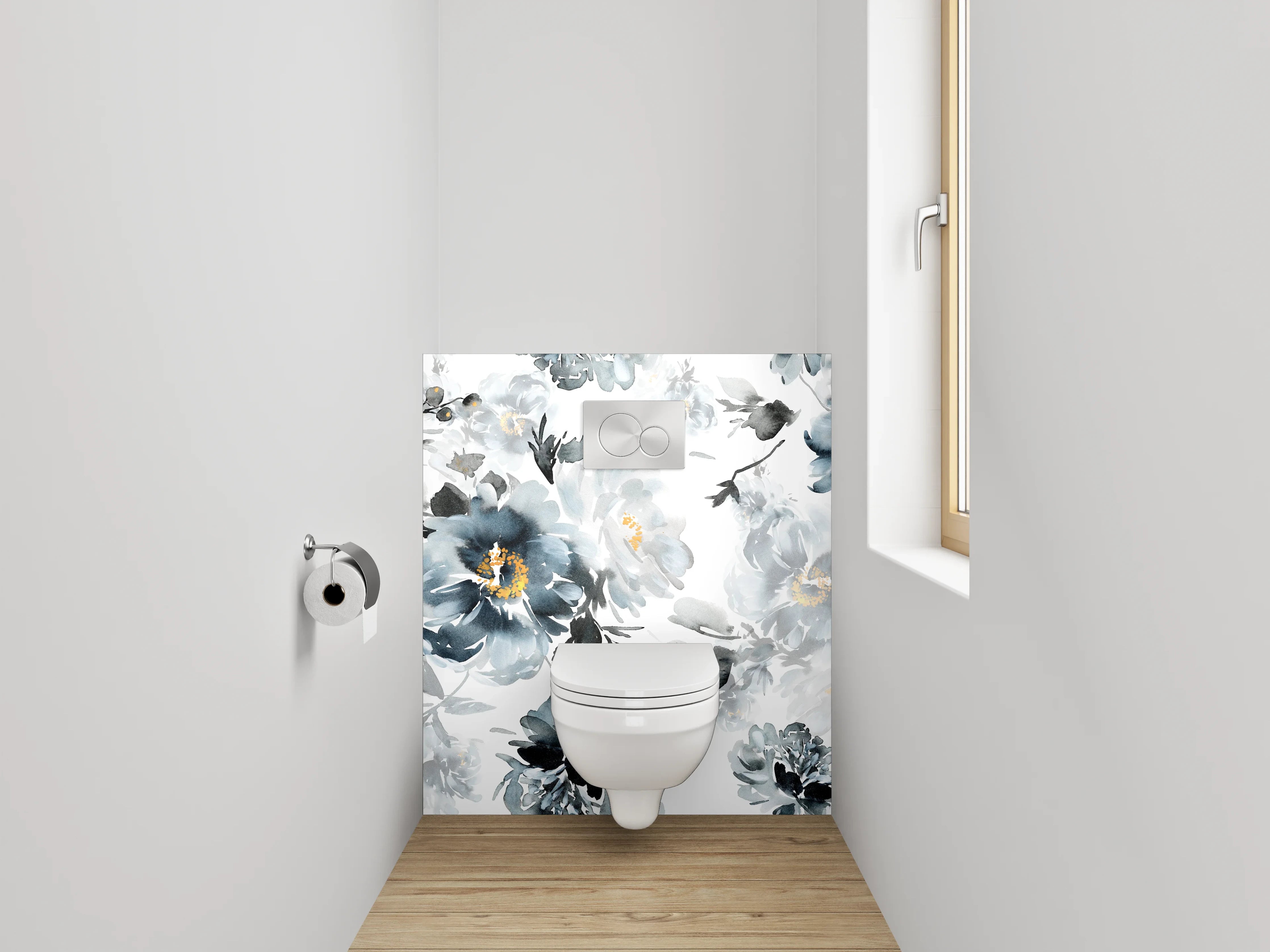WC-Rückwand - Aquarell Blumen Schwarz-Weiß Eleganz