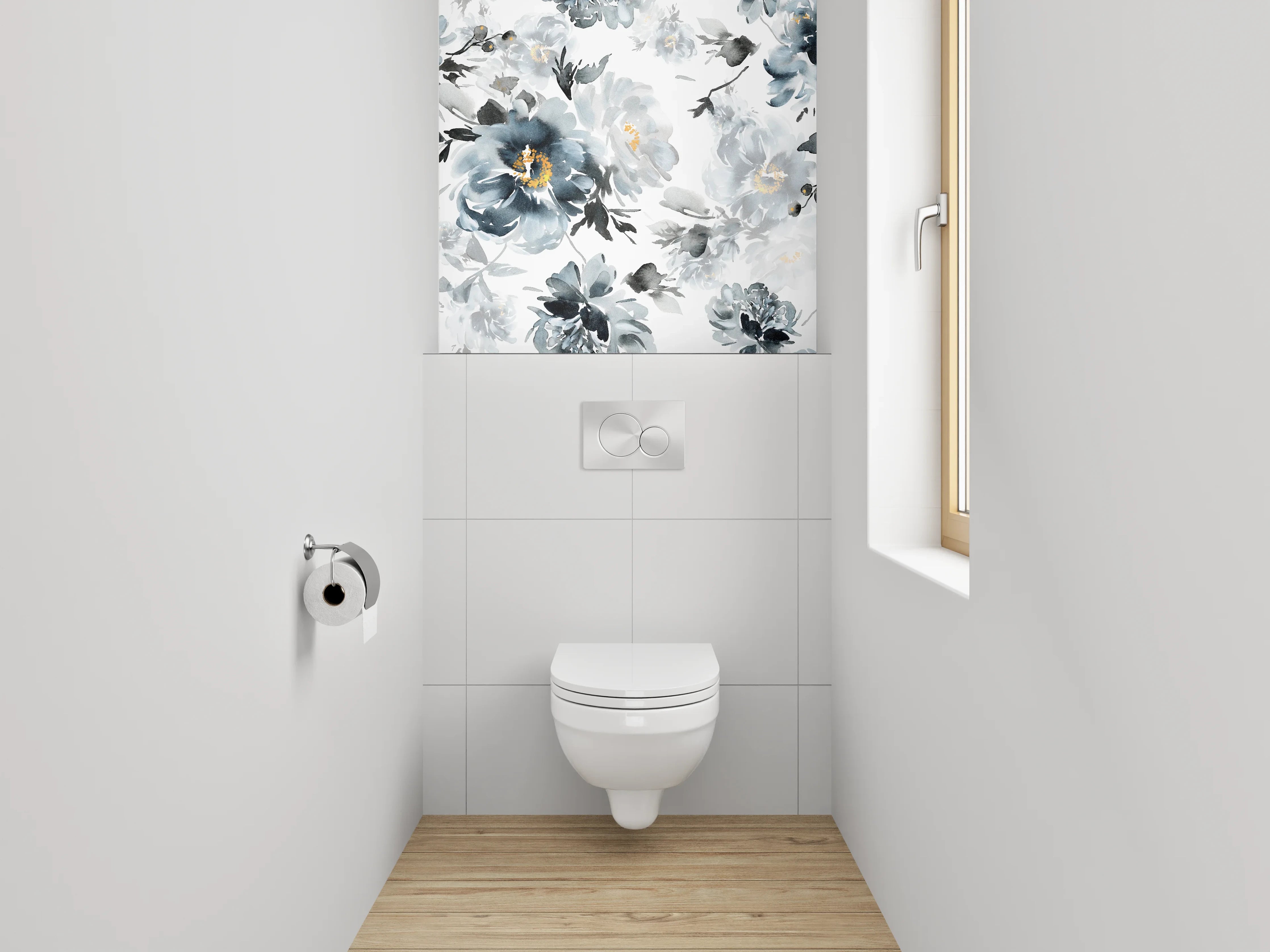WC-Rückwand - Aquarell Blumen Schwarz-Weiß Eleganz