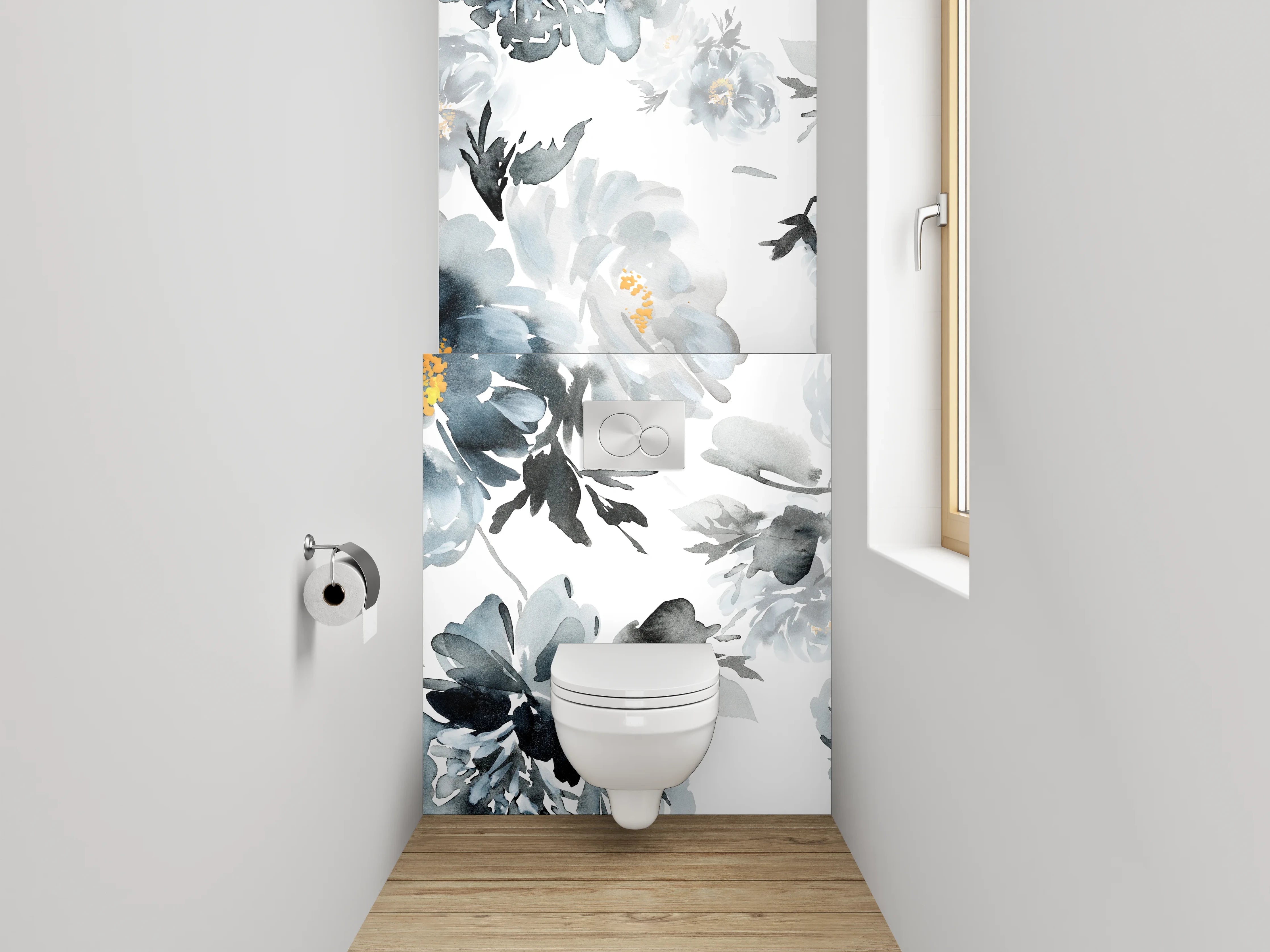 WC-Rückwand - Aquarell Blumen Schwarz-Weiß Eleganz