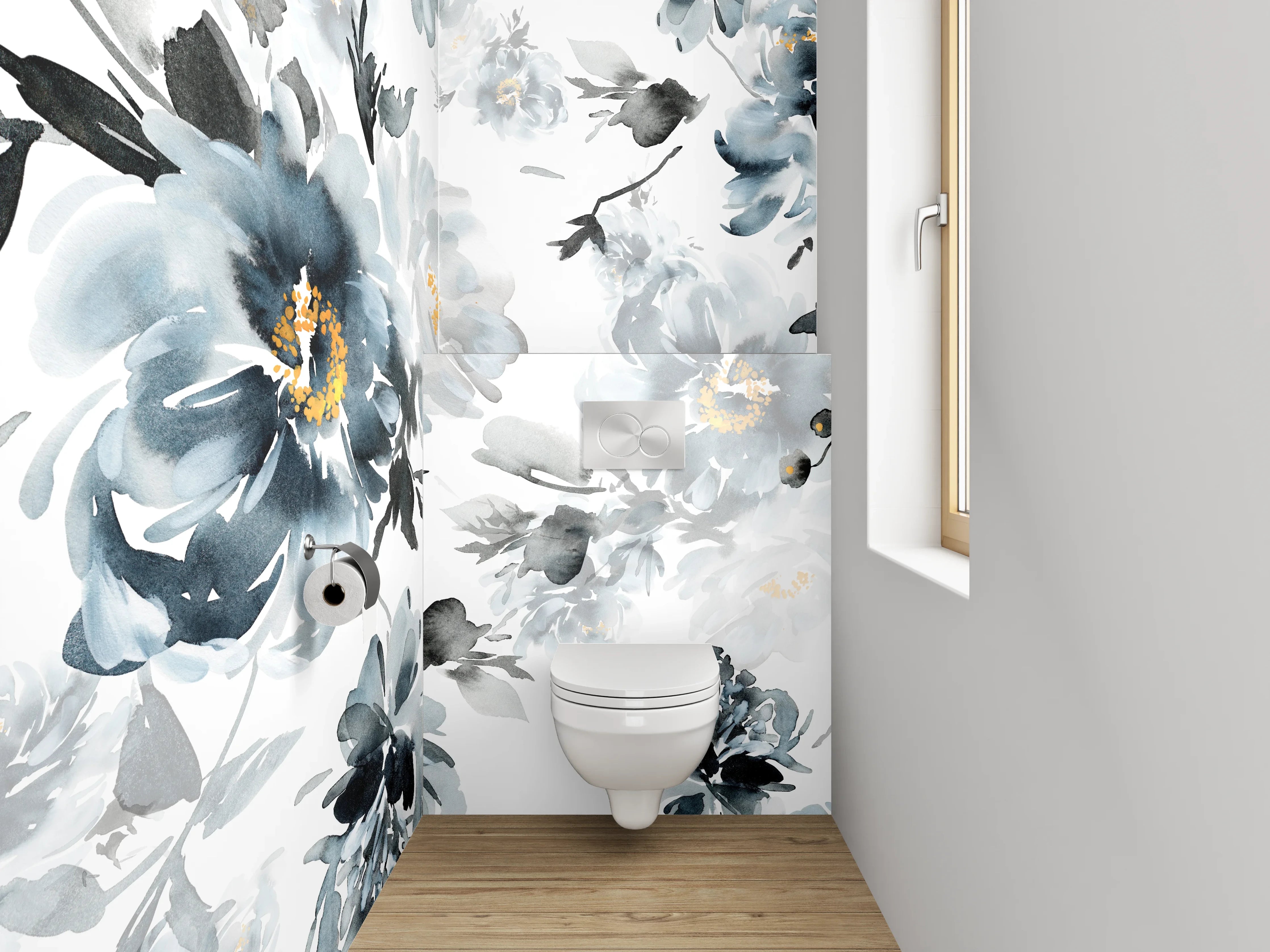 WC-Rückwand - Aquarell Blumen Schwarz-Weiß Eleganz