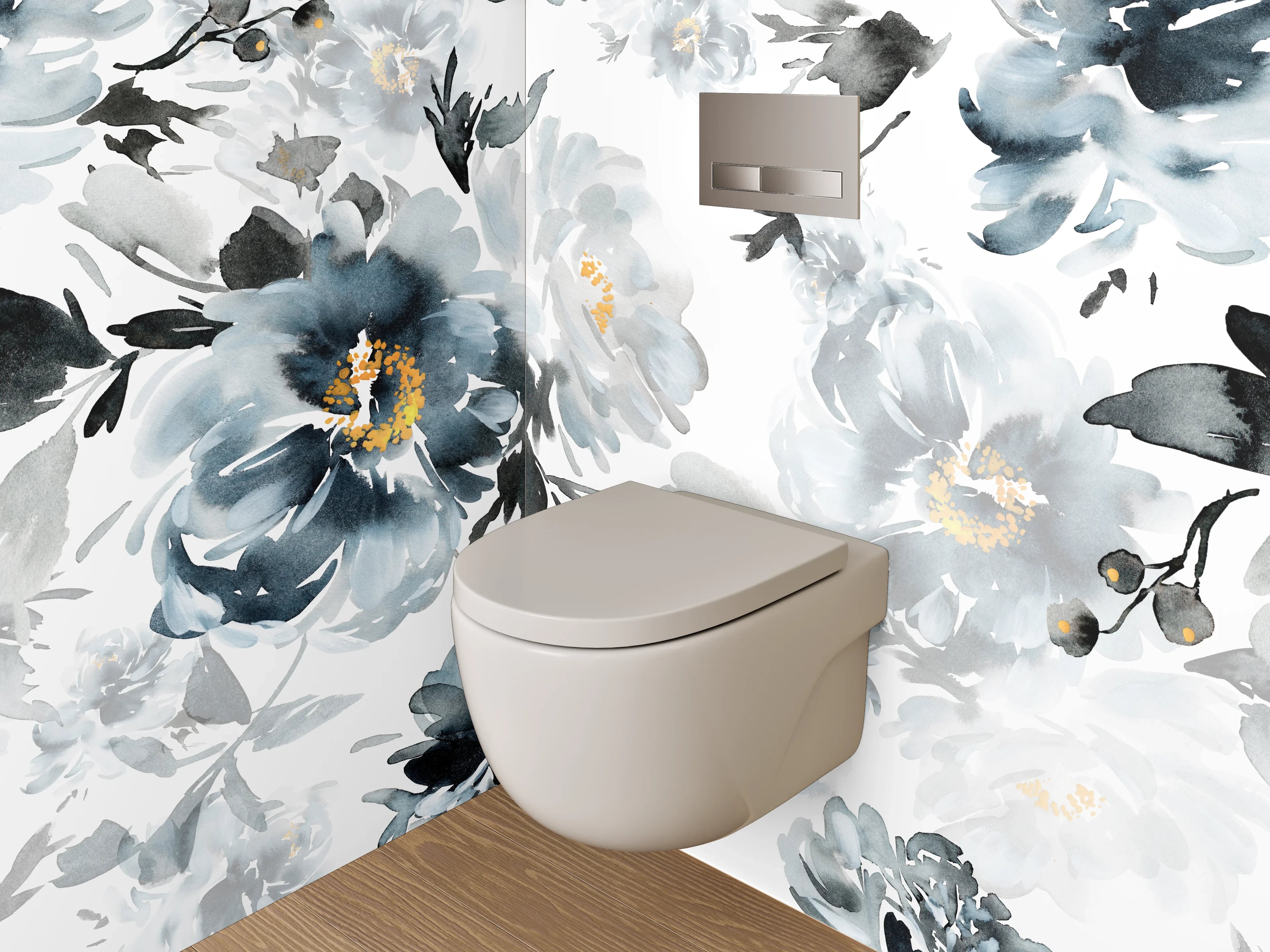 WC-Rückwand - Aquarell Blumen Schwarz-Weiß Eleganz