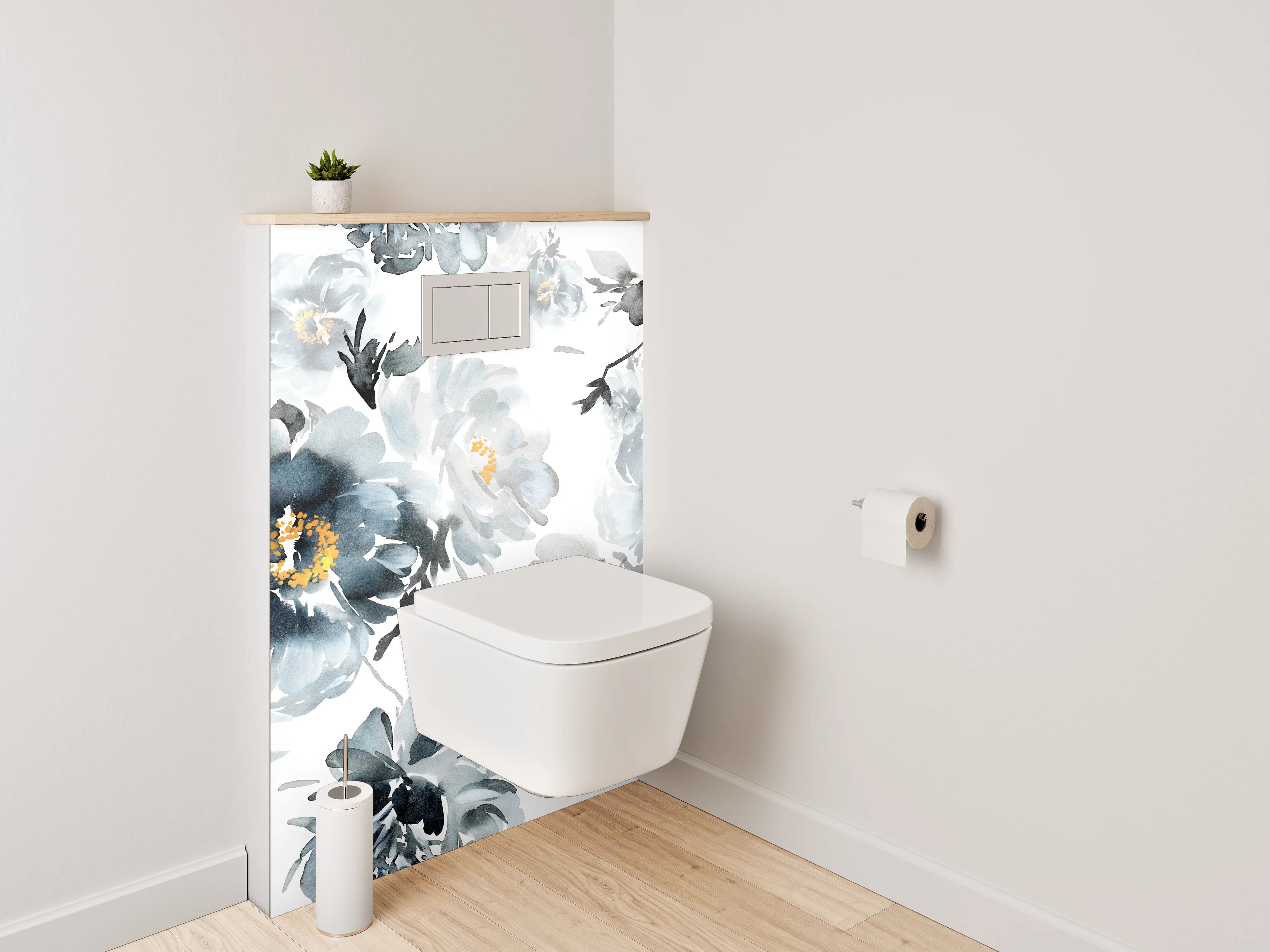 WC-Rückwand - Aquarell Blumen Schwarz-Weiß Eleganz