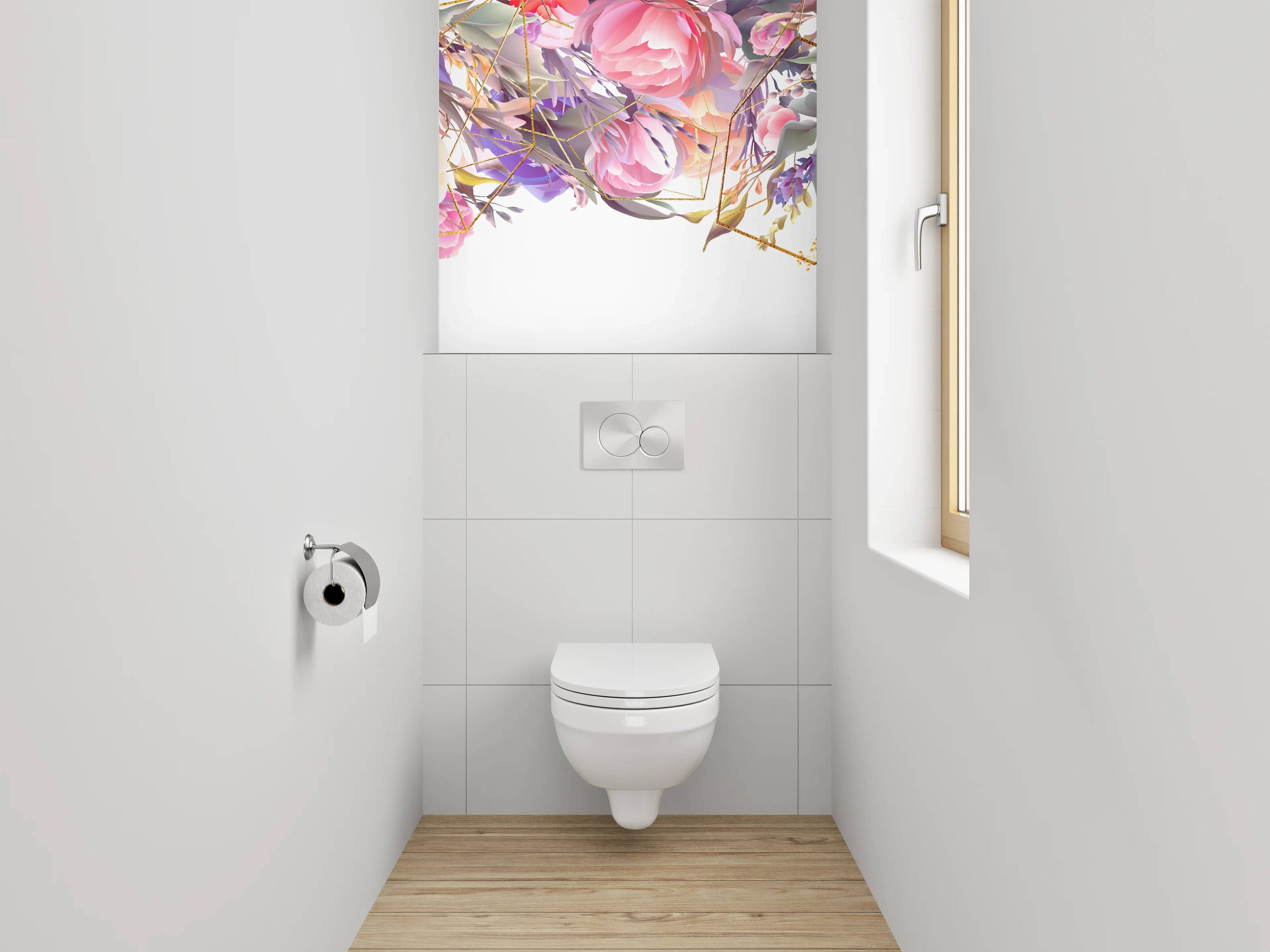 WC-Rückwand - Aquarell Blumen & Gold Geometrie