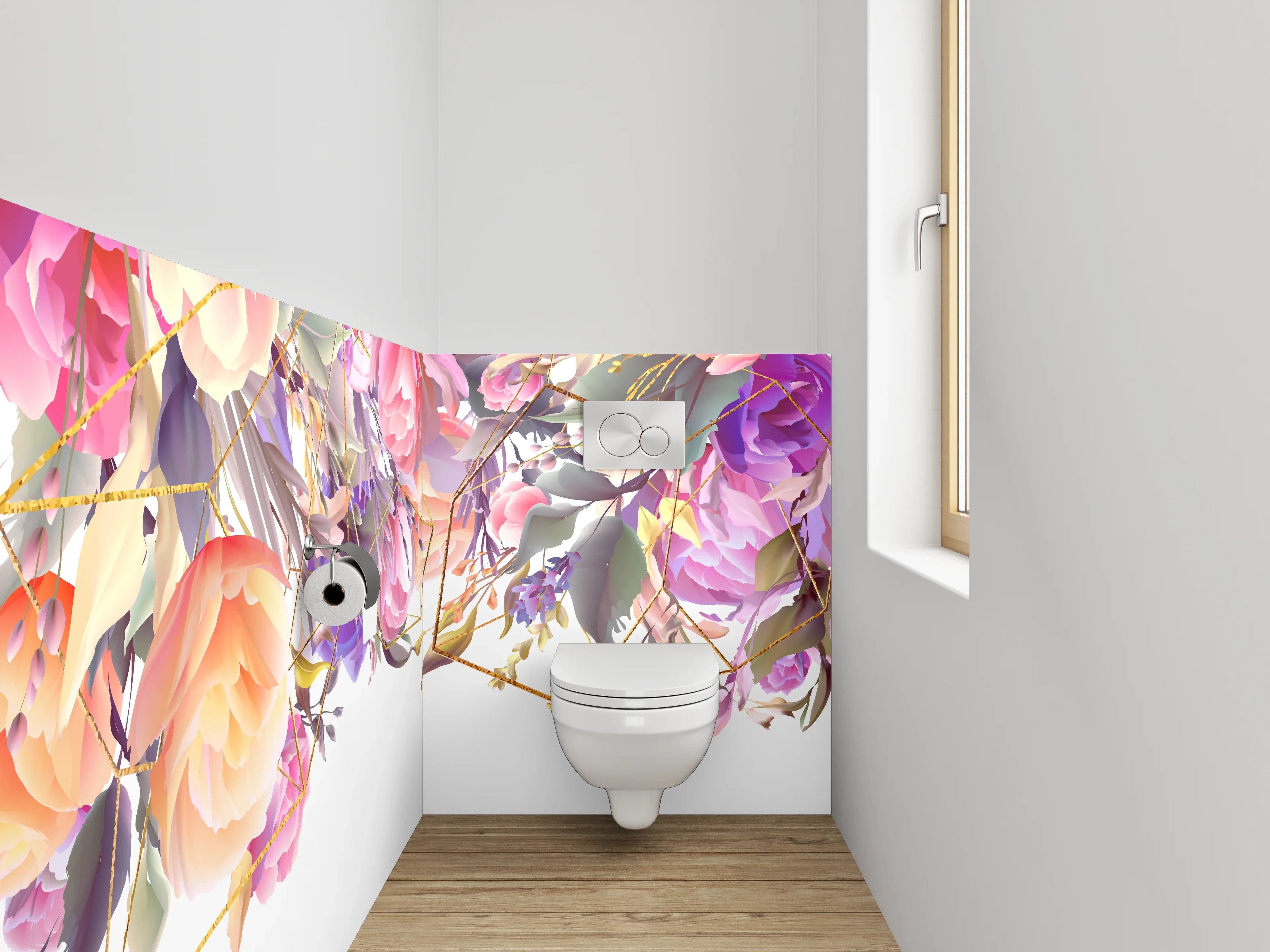 WC-Rückwand - Aquarell Blumen & Gold Geometrie