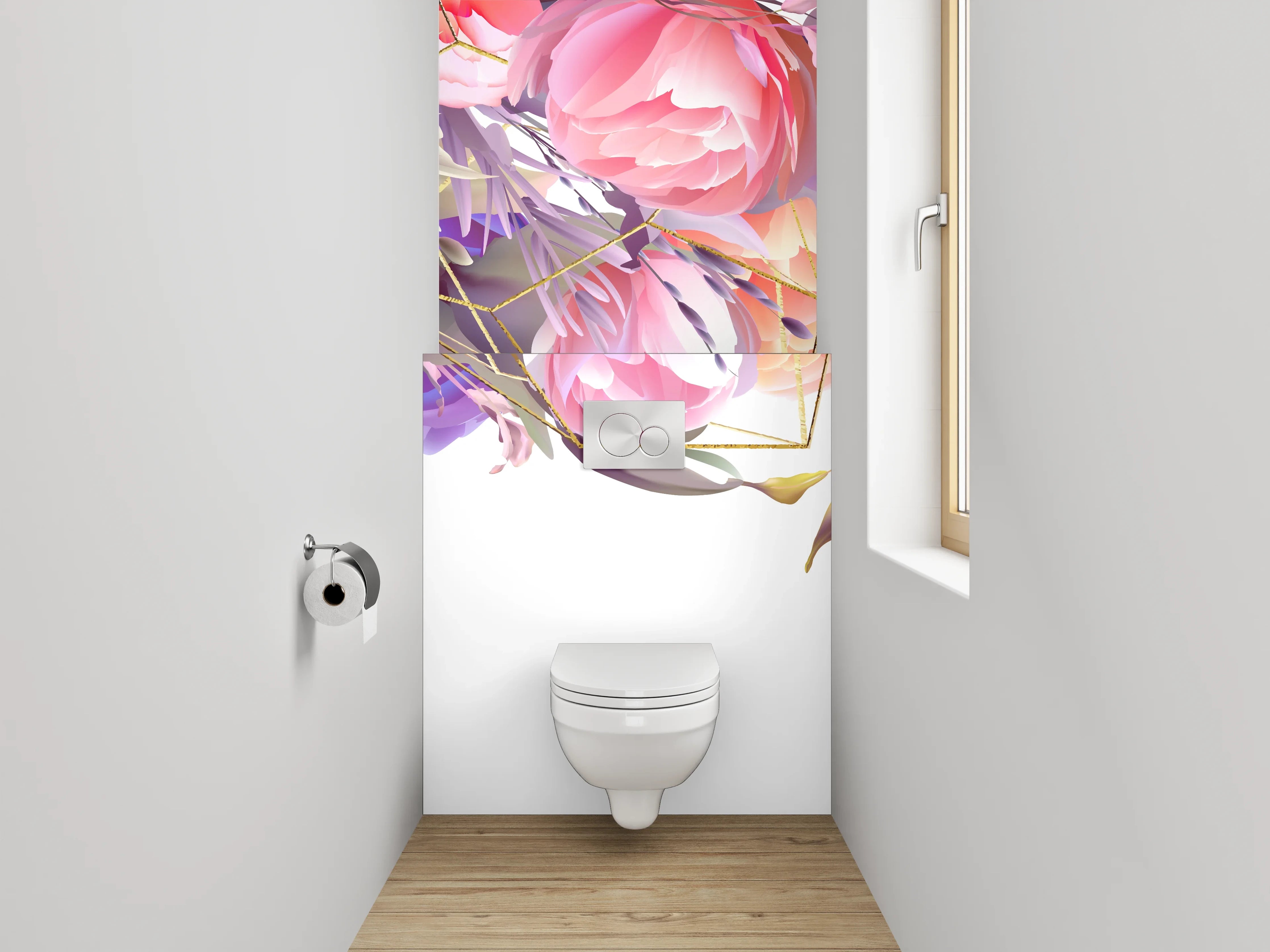 WC-Rückwand - Aquarell Blumen & Gold Geometrie
