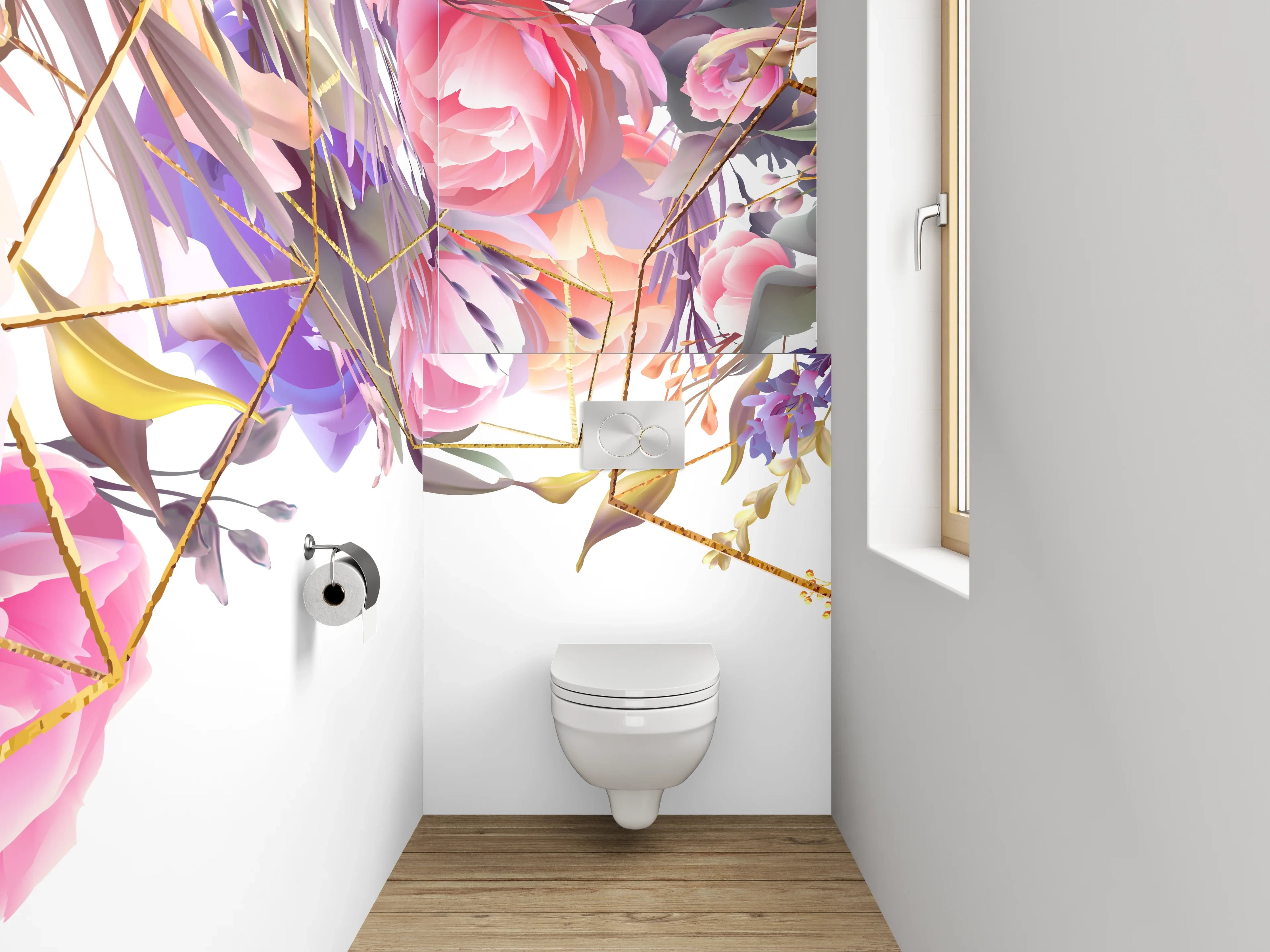 WC-Rückwand - Aquarell Blumen & Gold Geometrie