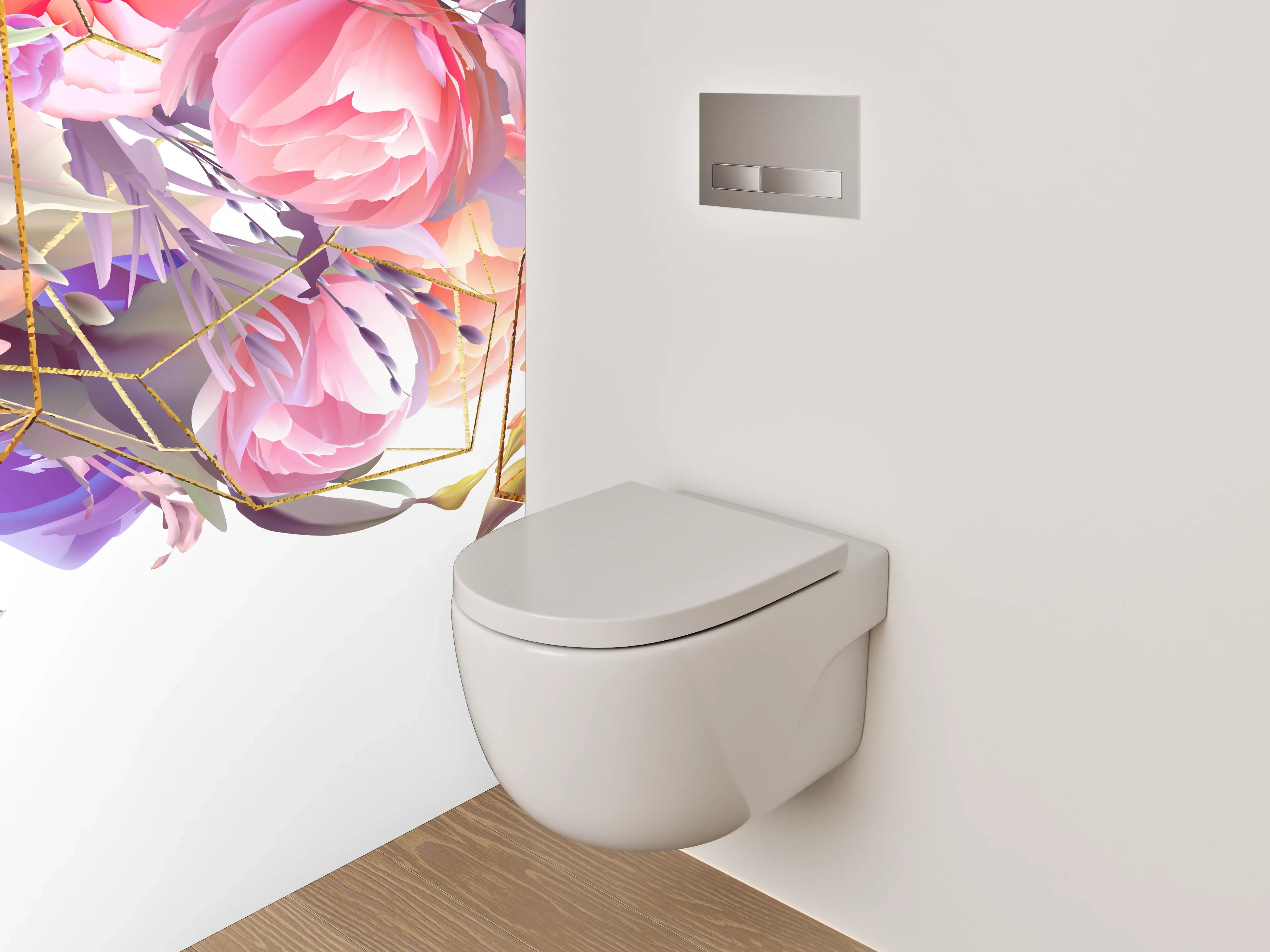 WC-Rückwand - Aquarell Blumen & Gold Geometrie