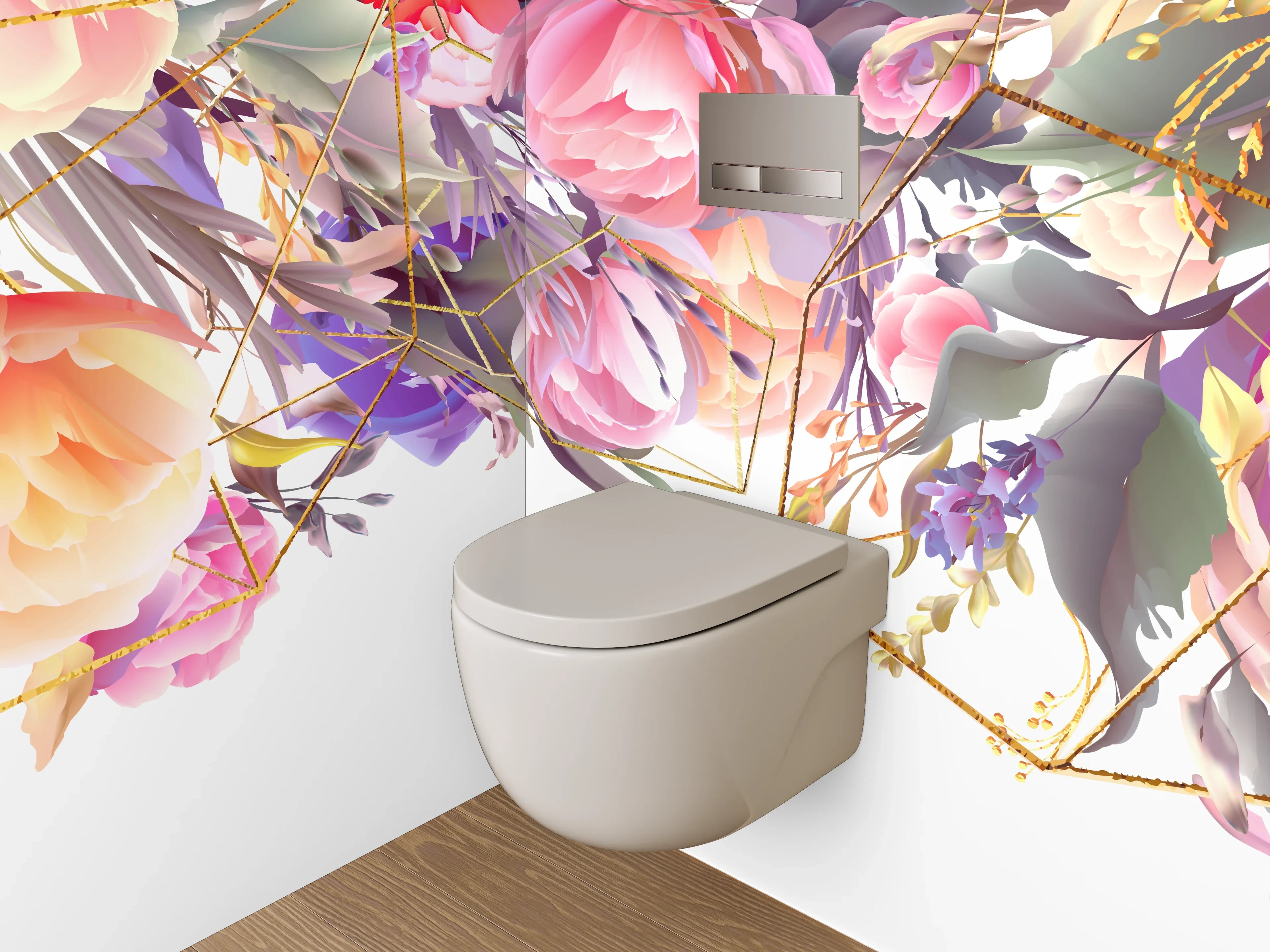 WC-Rückwand - Aquarell Blumen & Gold Geometrie