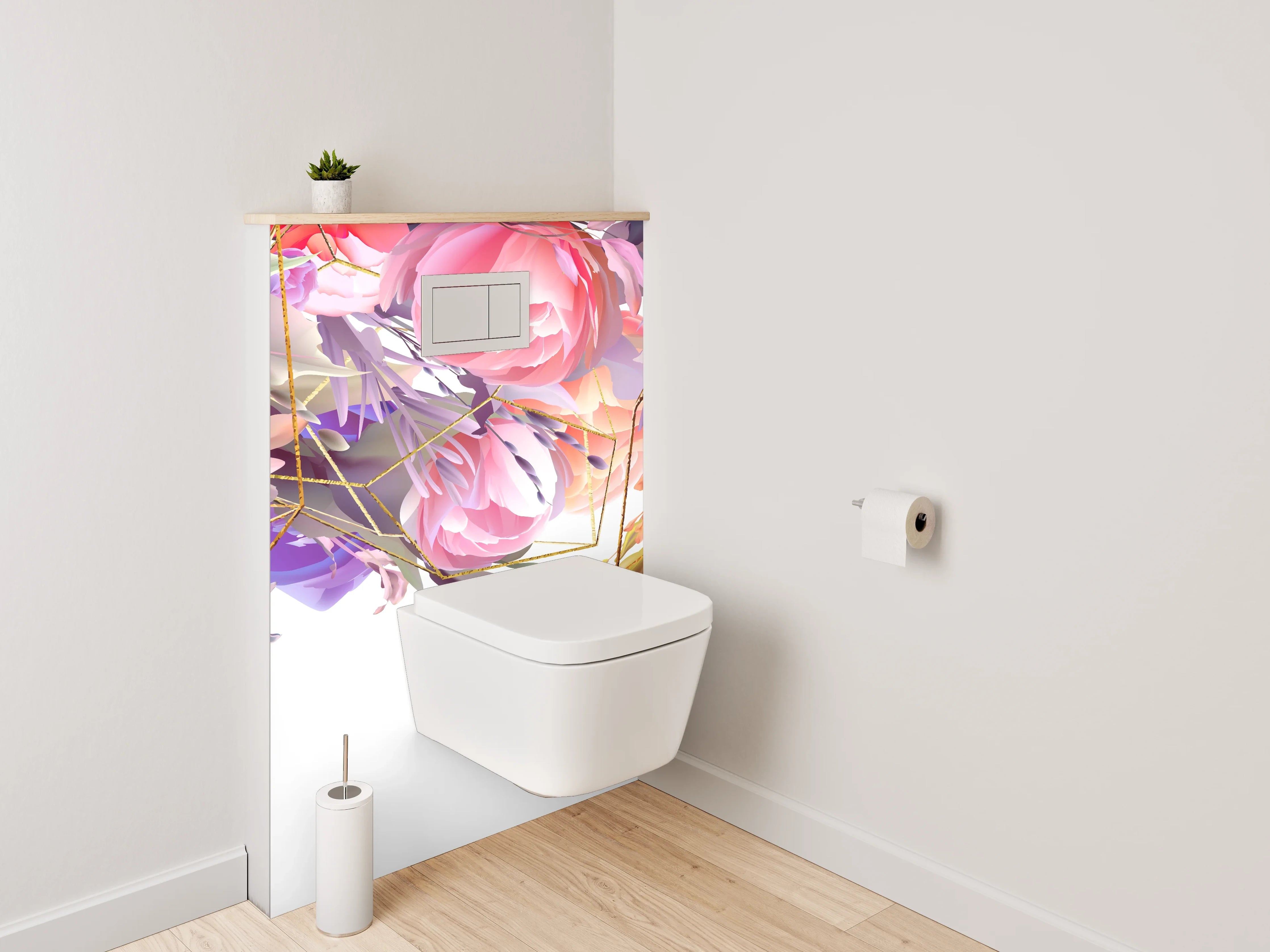 WC-Rückwand - Aquarell Blumen & Gold Geometrie