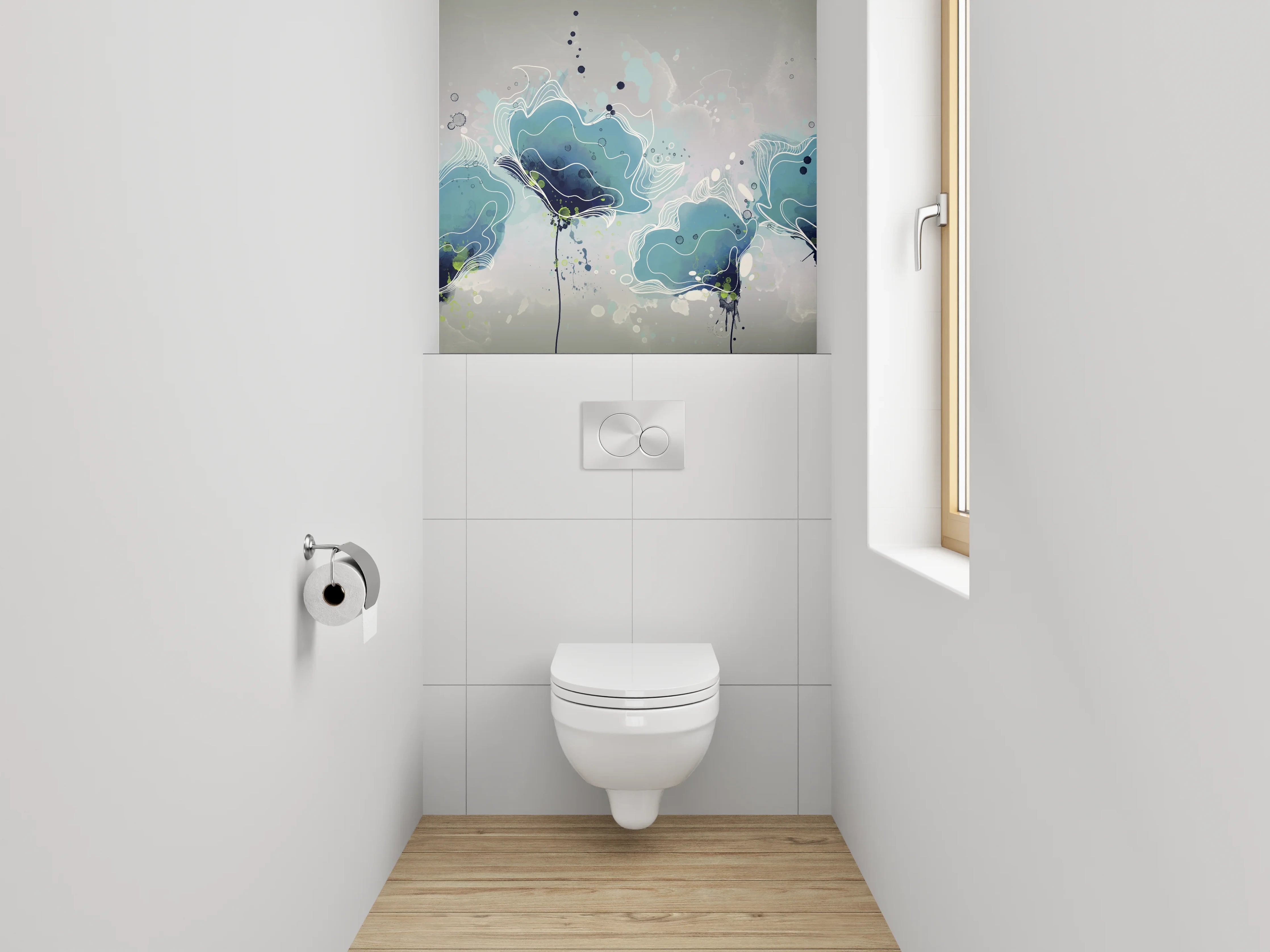 WC-Rückwand - Aquarell Blumen in Blau-Grau