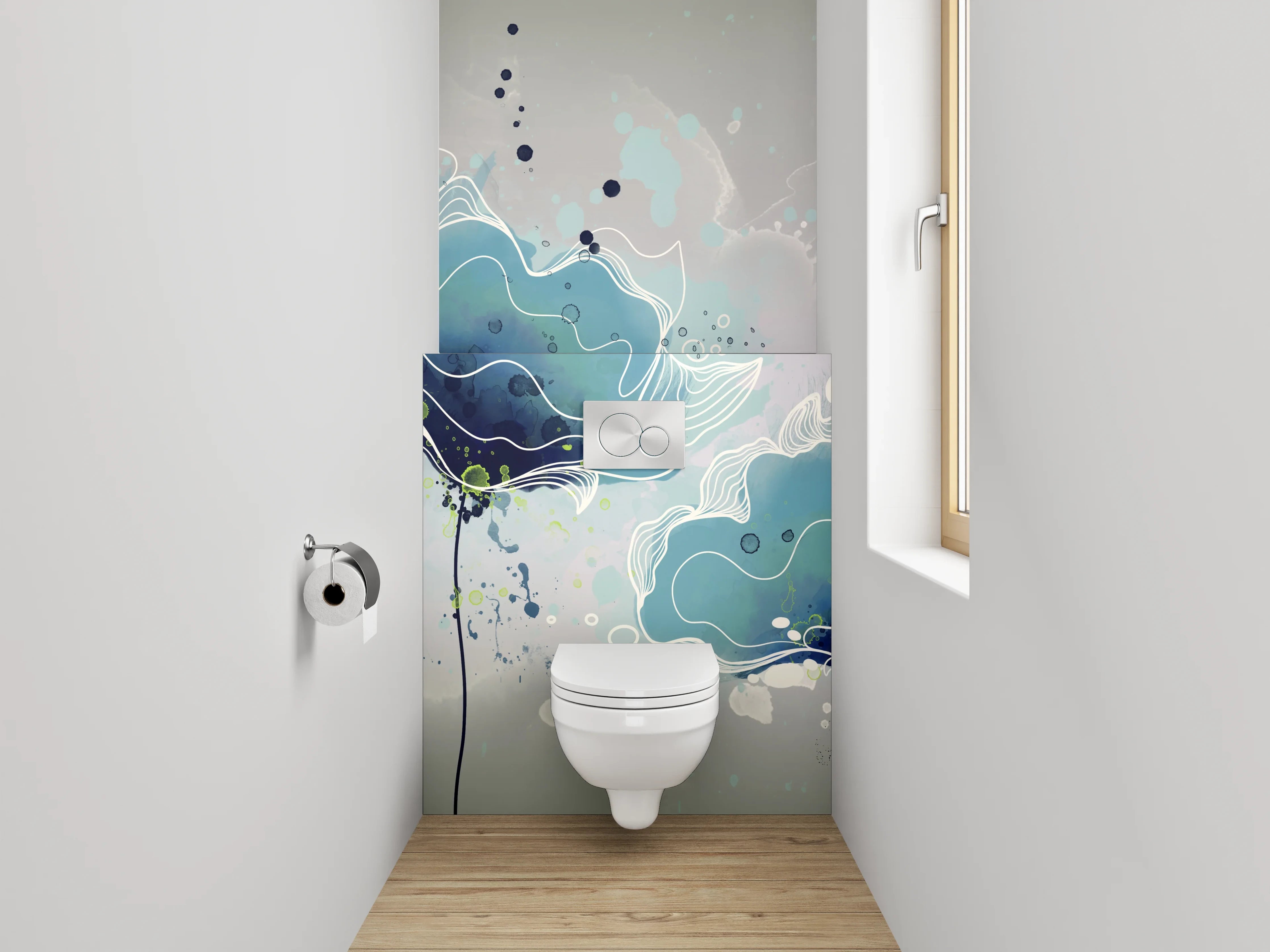 WC-Rückwand - Aquarell Blumen in Blau-Grau