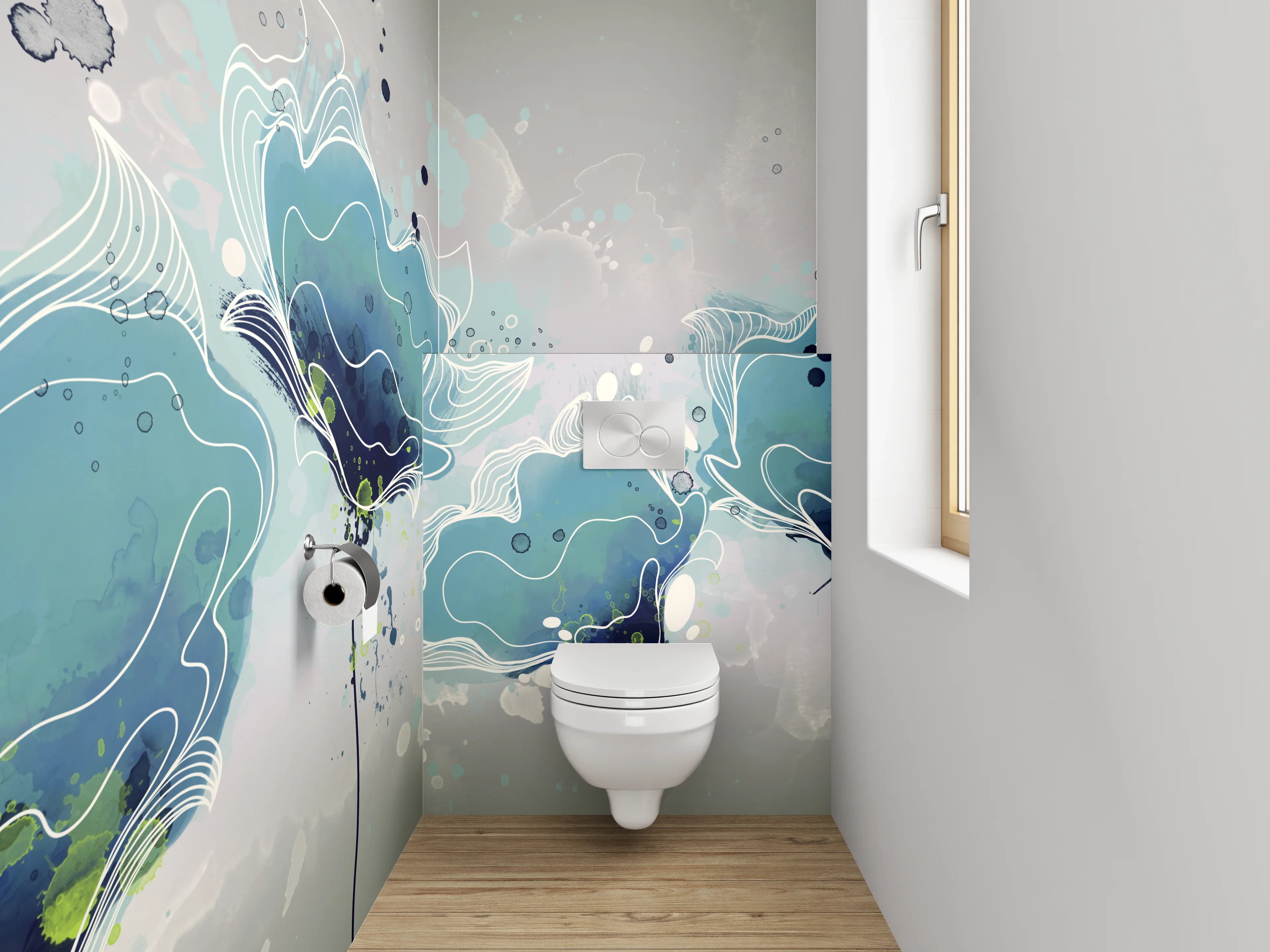 WC-Rückwand - Aquarell Blumen in Blau-Grau