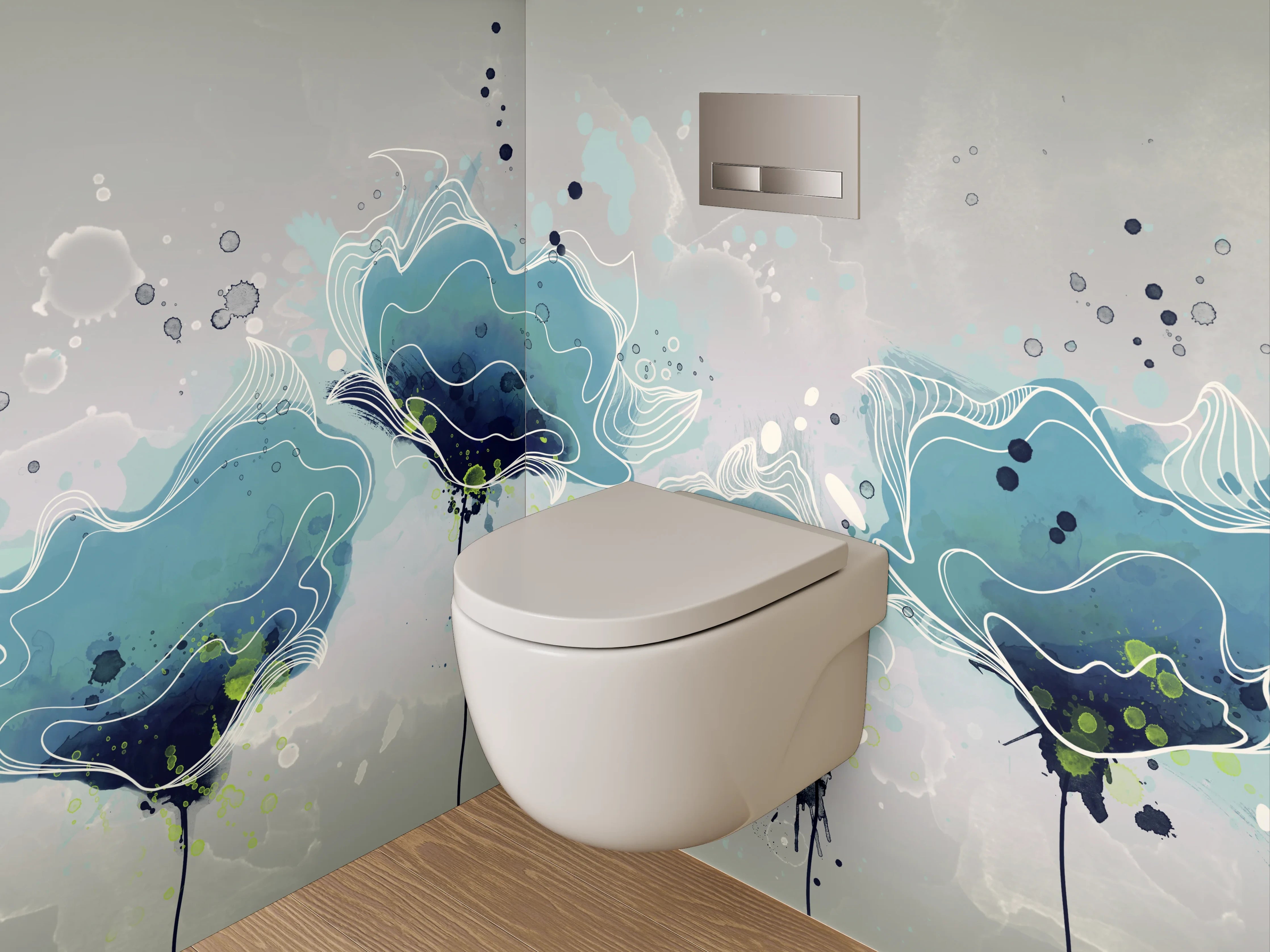 WC-Rückwand - Aquarell Blumen in Blau-Grau