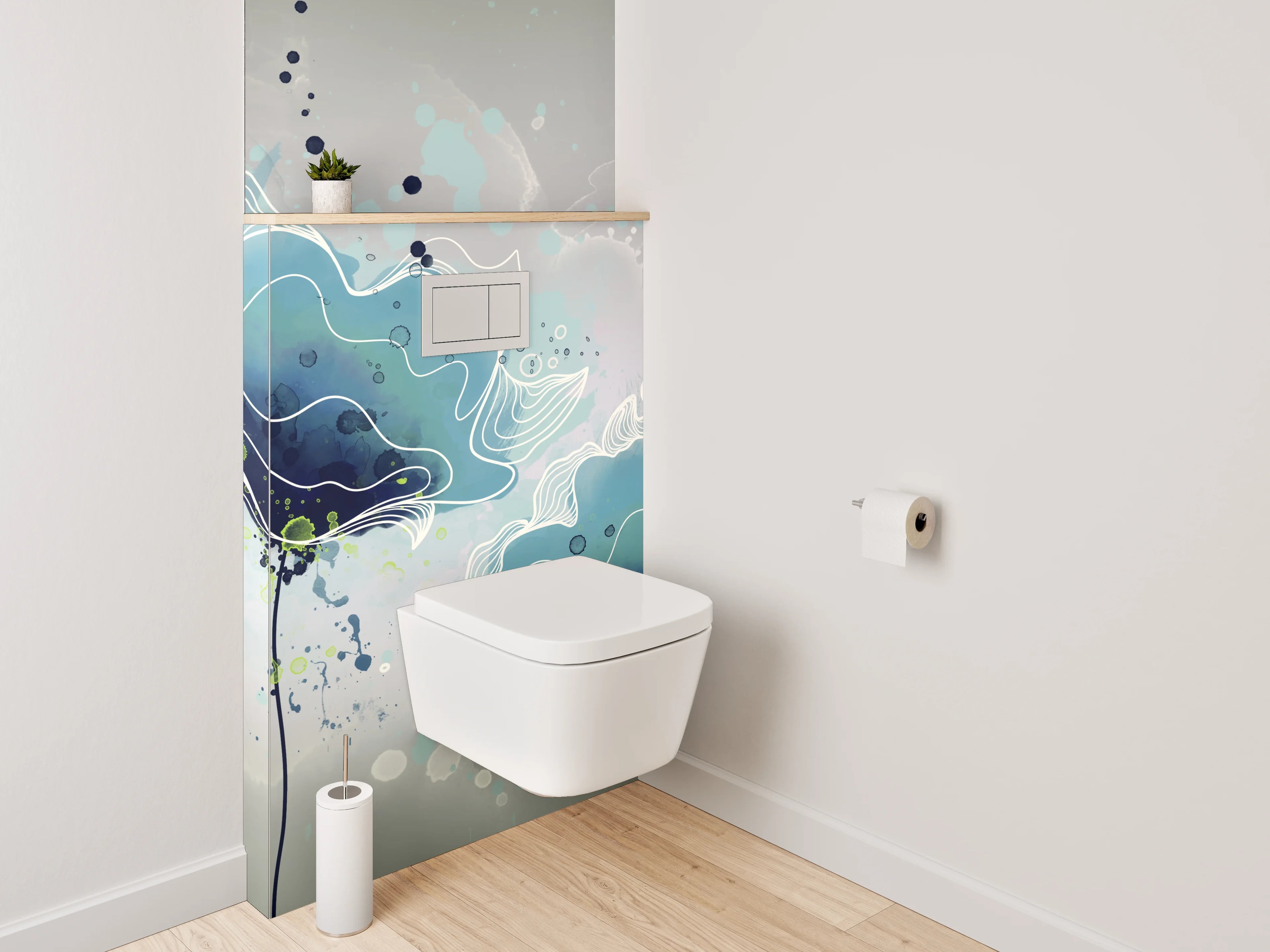 WC-Rückwand - Aquarell Blumen in Blau-Grau