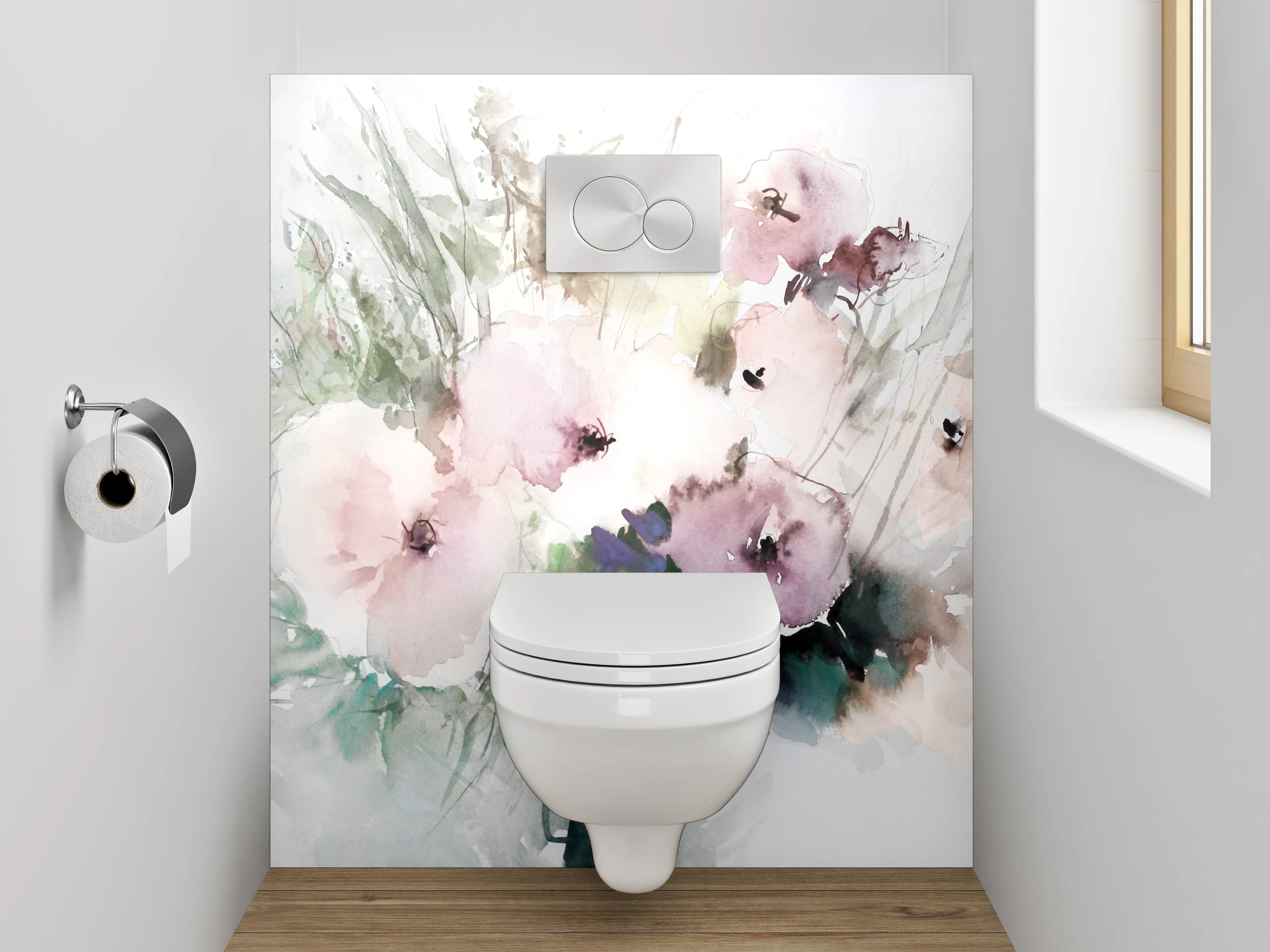 WC-Rückwand - Aquarell-Blumen in sanften Pastelltönen