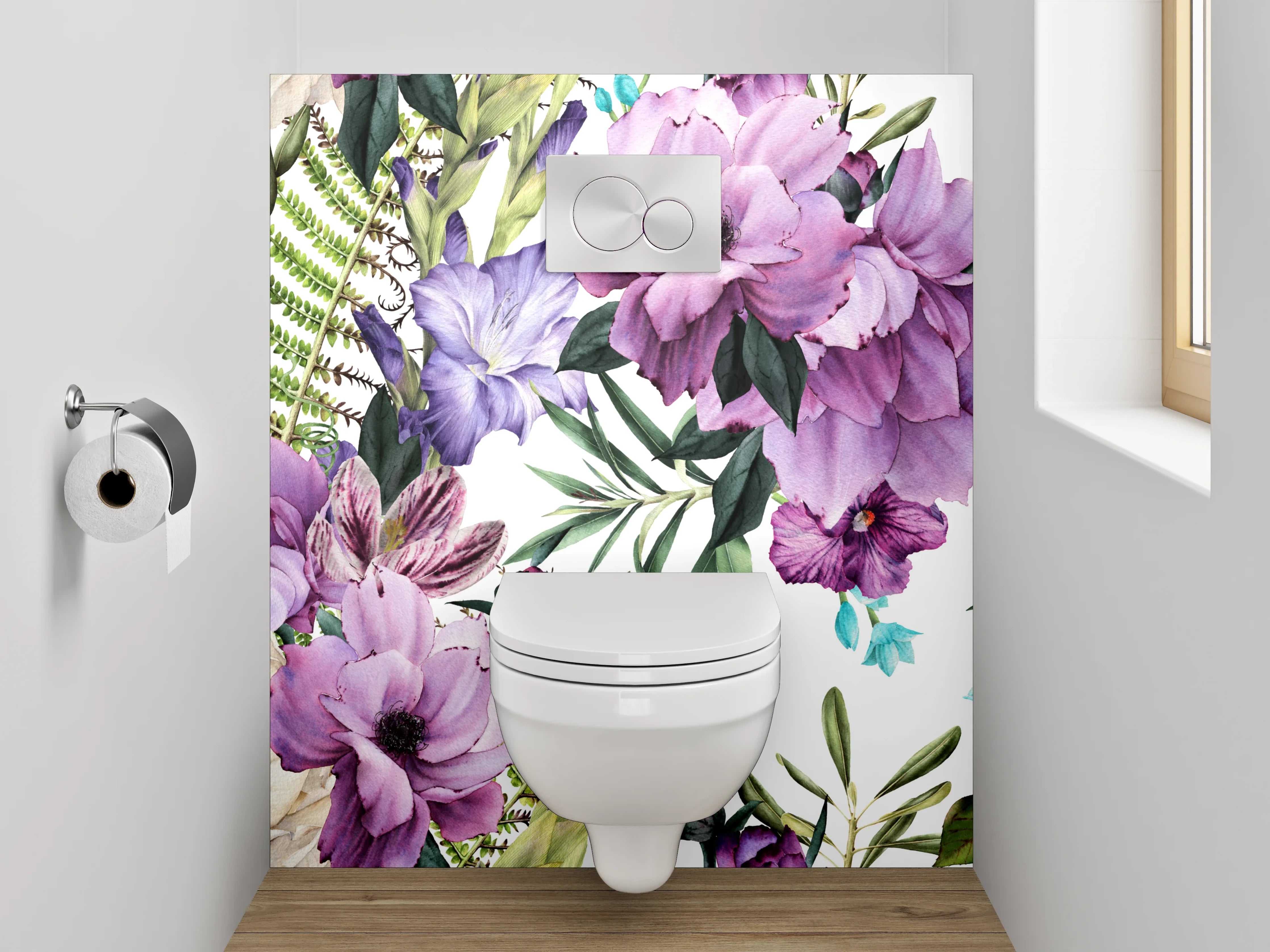 WC-Rückwand - Aquarell Blumenmuster Lila Creme
