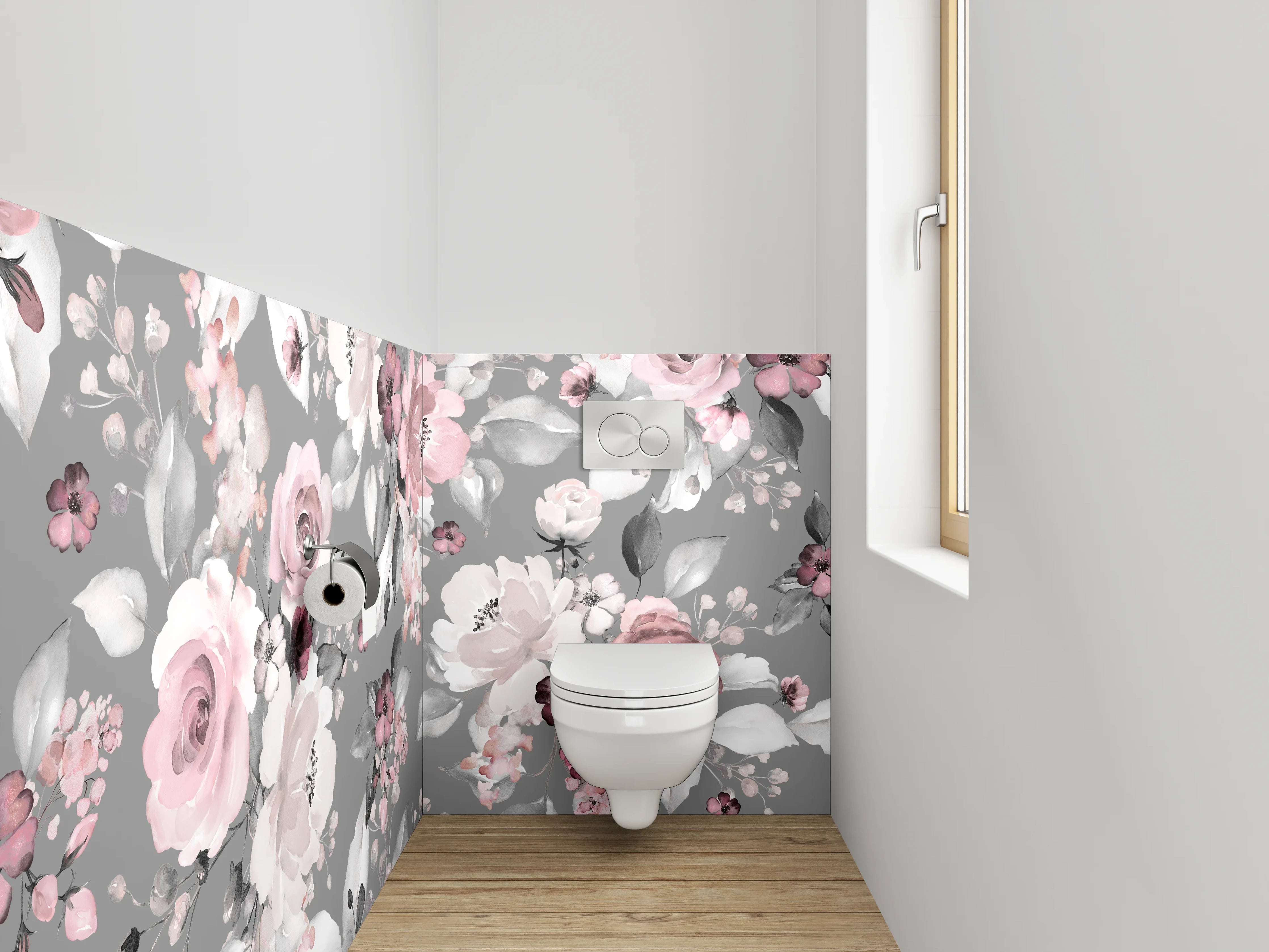 WC-Rückwand - Aquarell Blumenmuster Rosé Grau