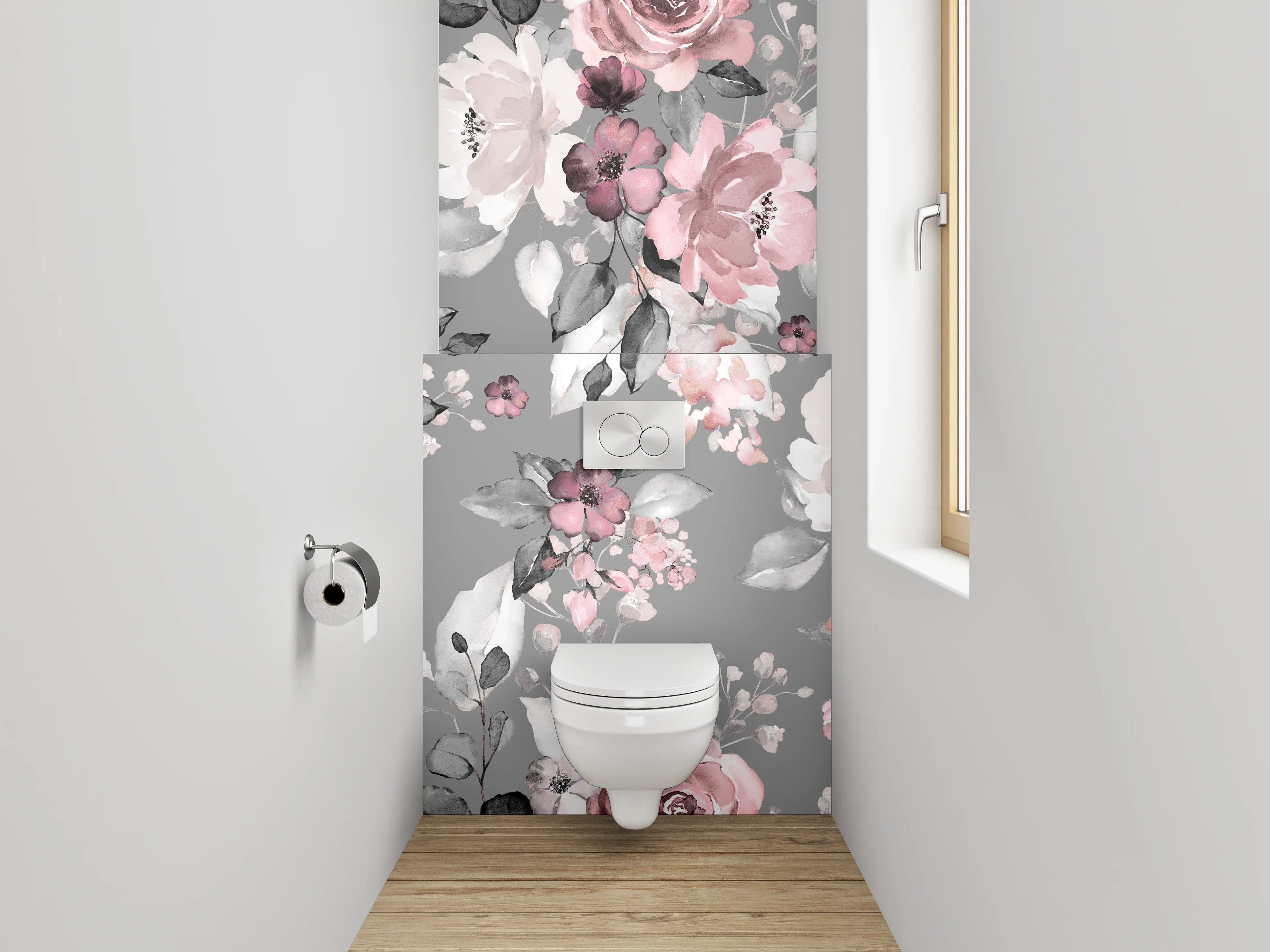 WC-Rückwand - Aquarell Blumenmuster Rosé Grau