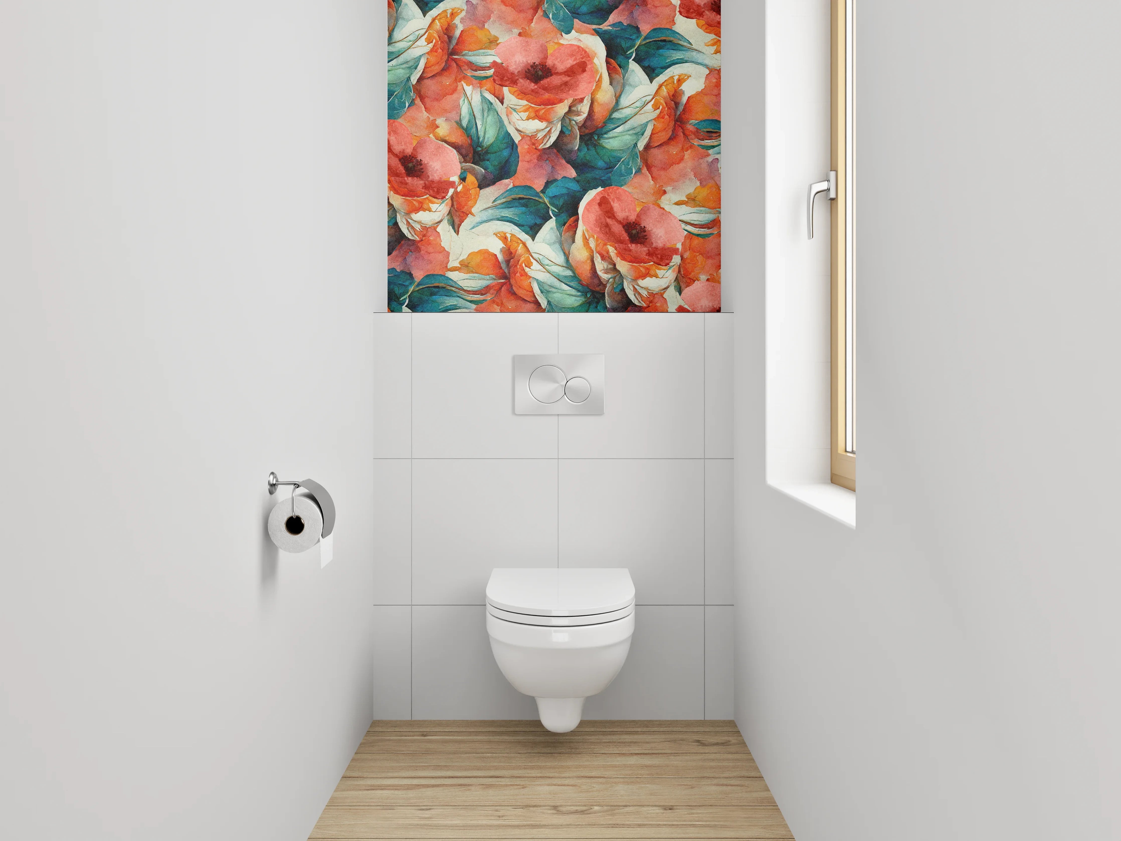 WC-Rückwand - Aquarell Blumenmuster Türkis Koralle