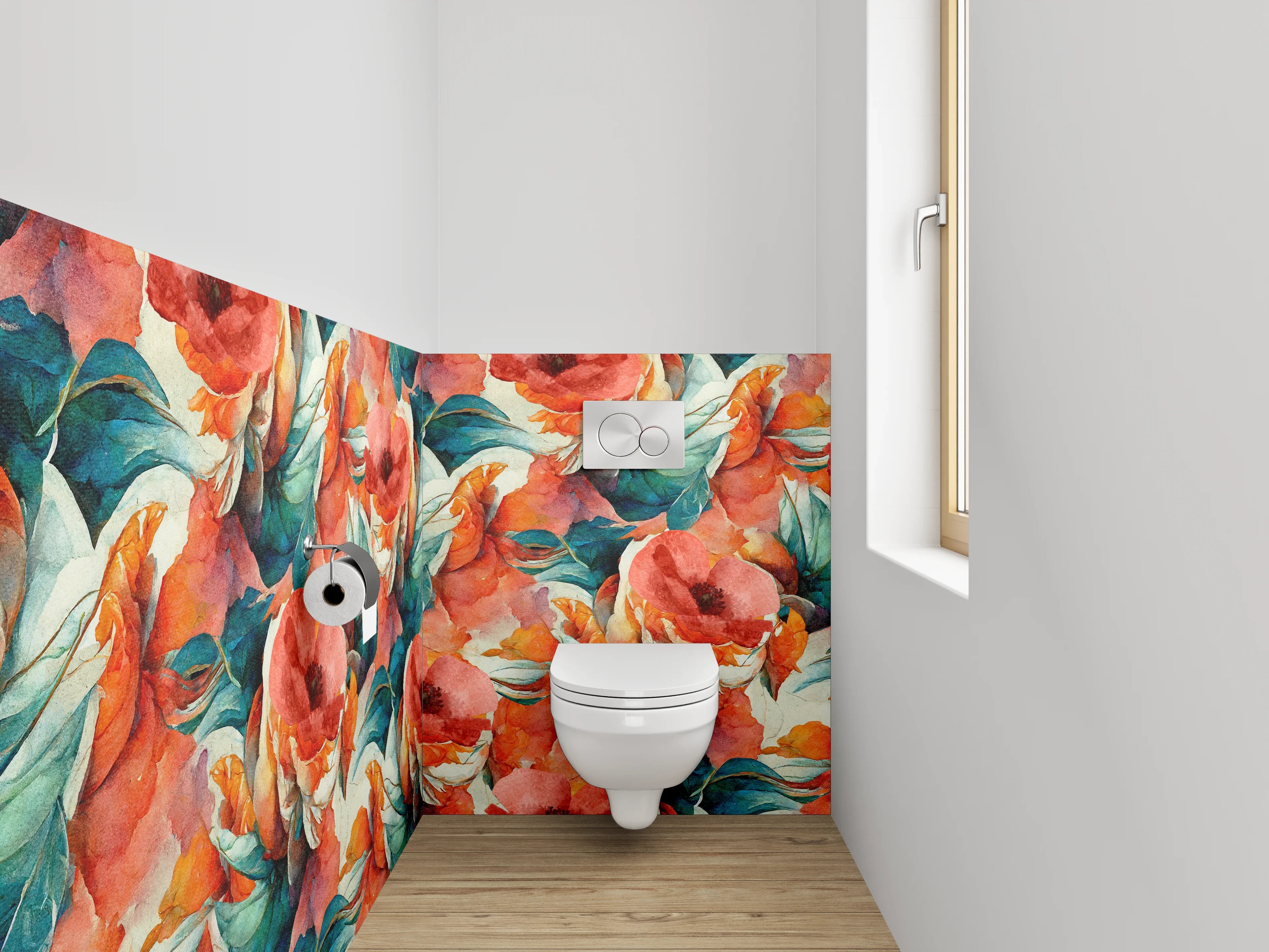 WC-Rückwand - Aquarell Blumenmuster Türkis Koralle