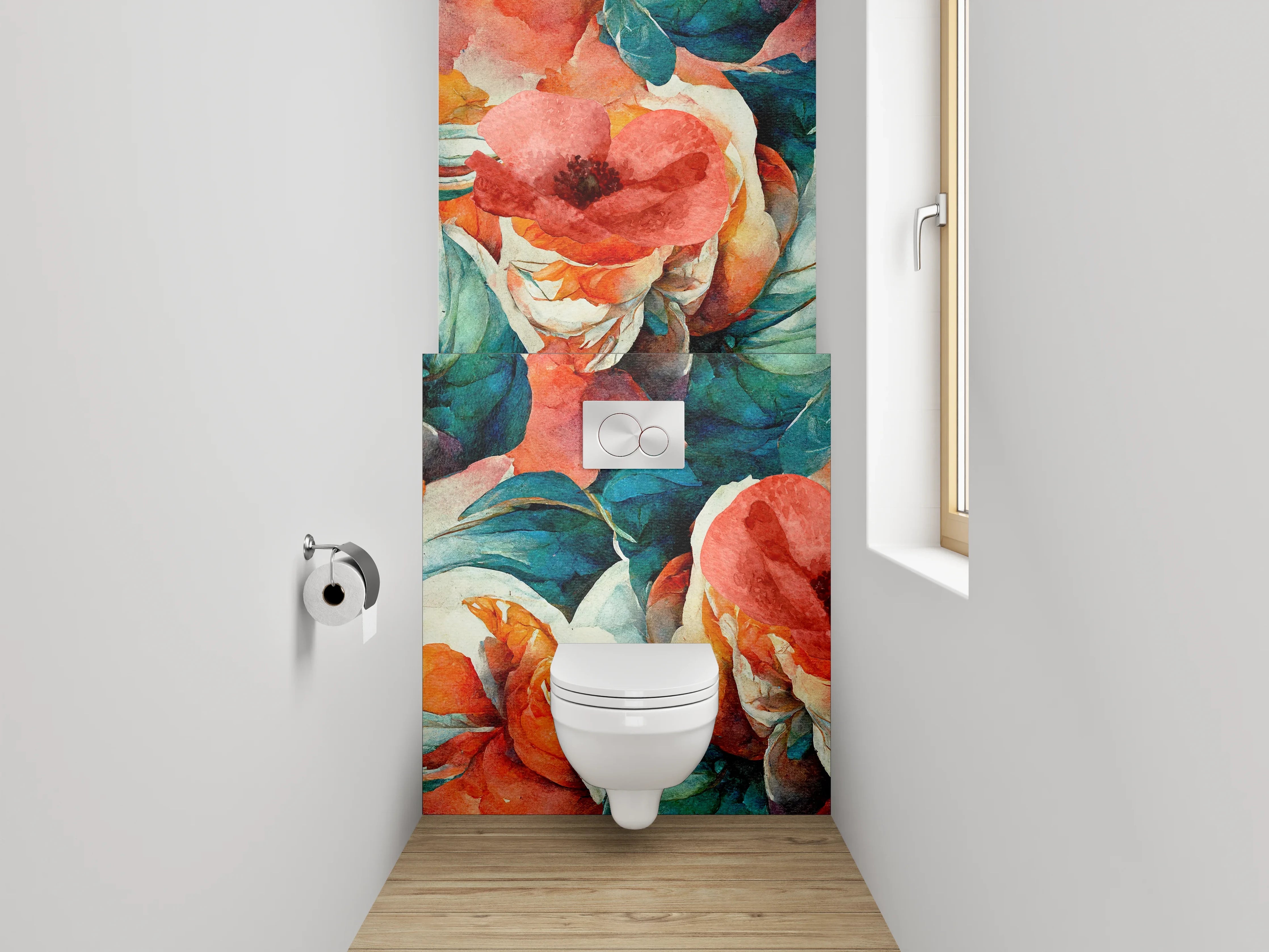 WC-Rückwand - Aquarell Blumenmuster Türkis Koralle