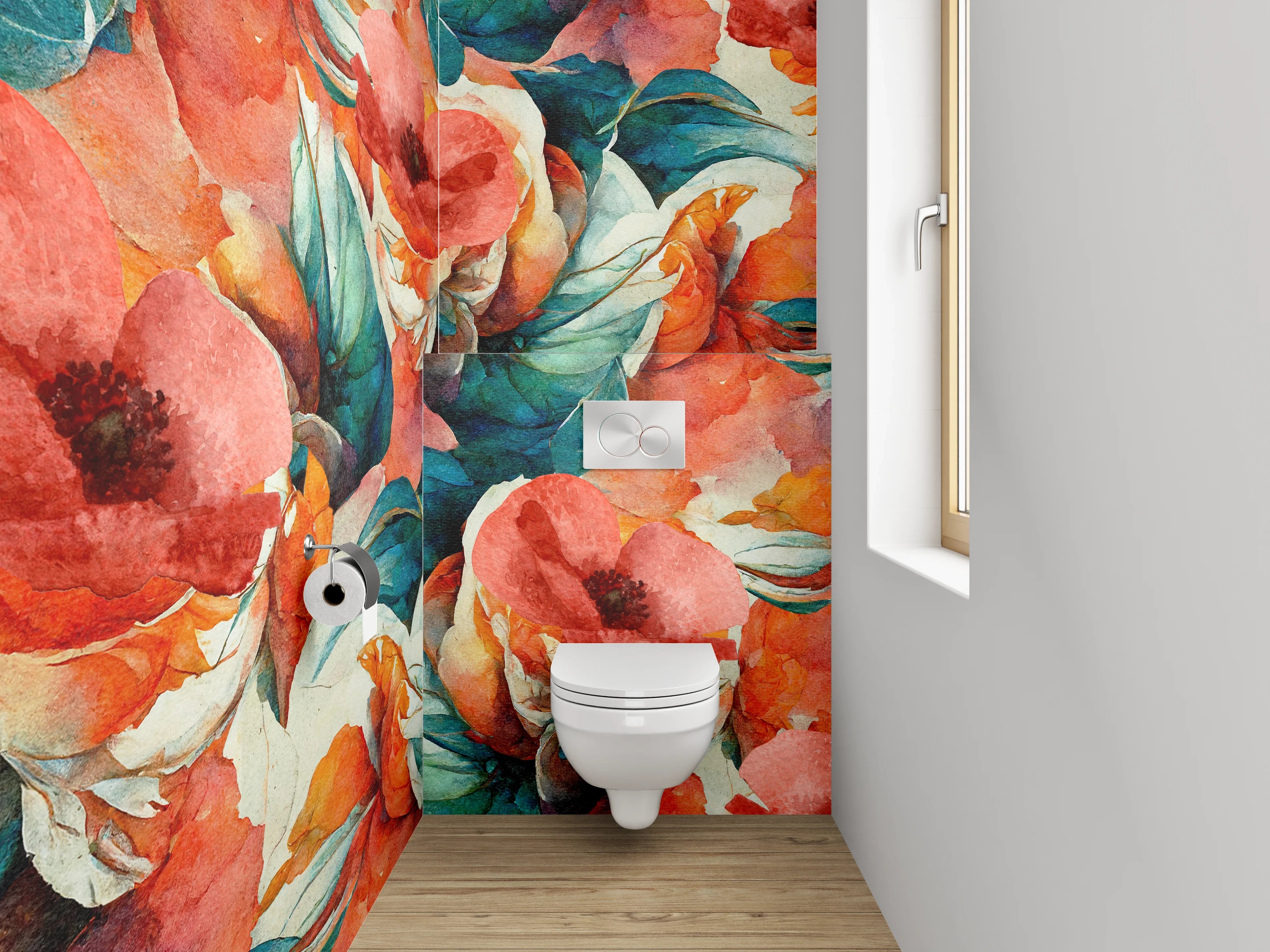 WC-Rückwand - Aquarell Blumenmuster Türkis Koralle