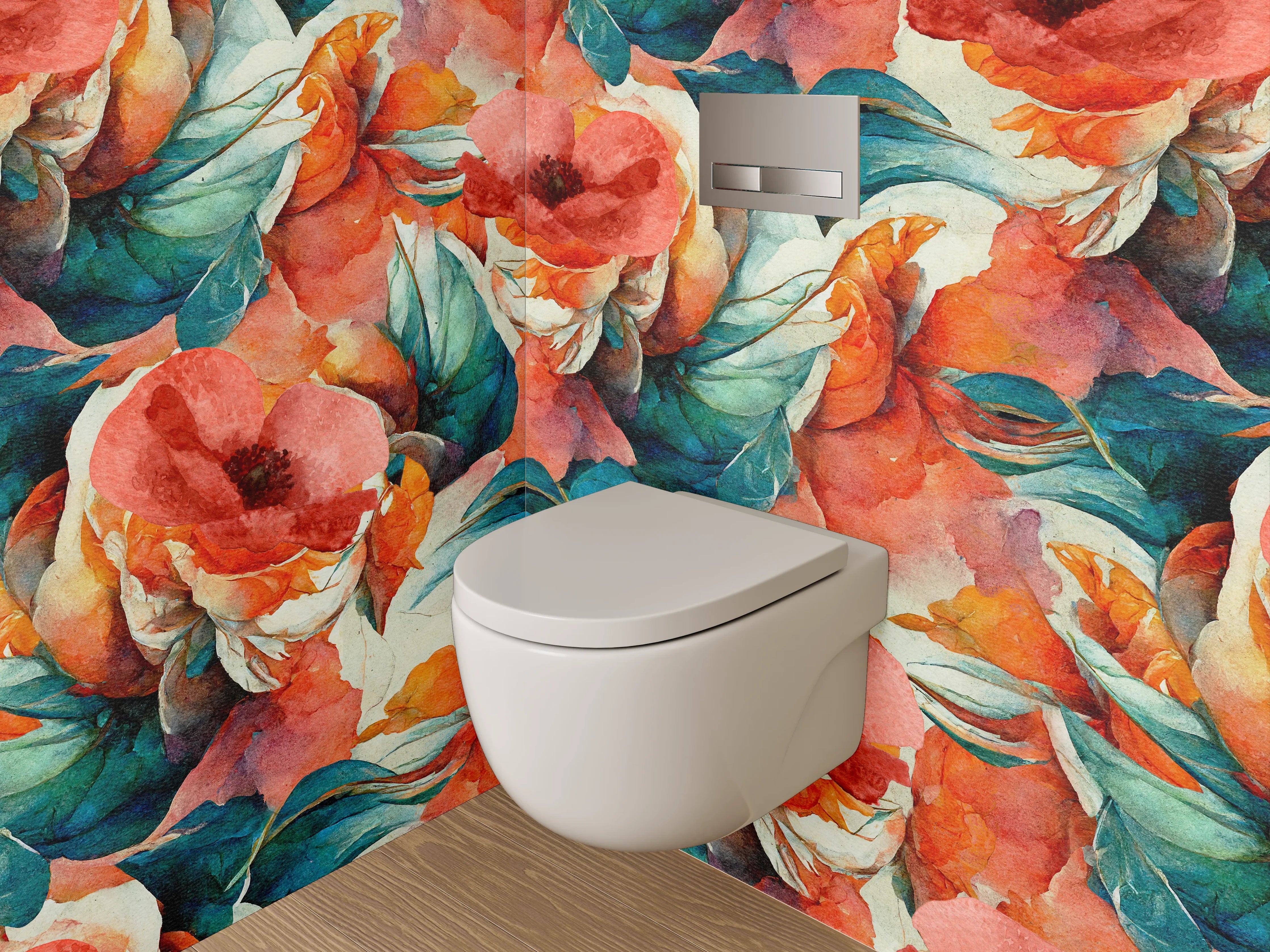 WC-Rückwand - Aquarell Blumenmuster Türkis Koralle