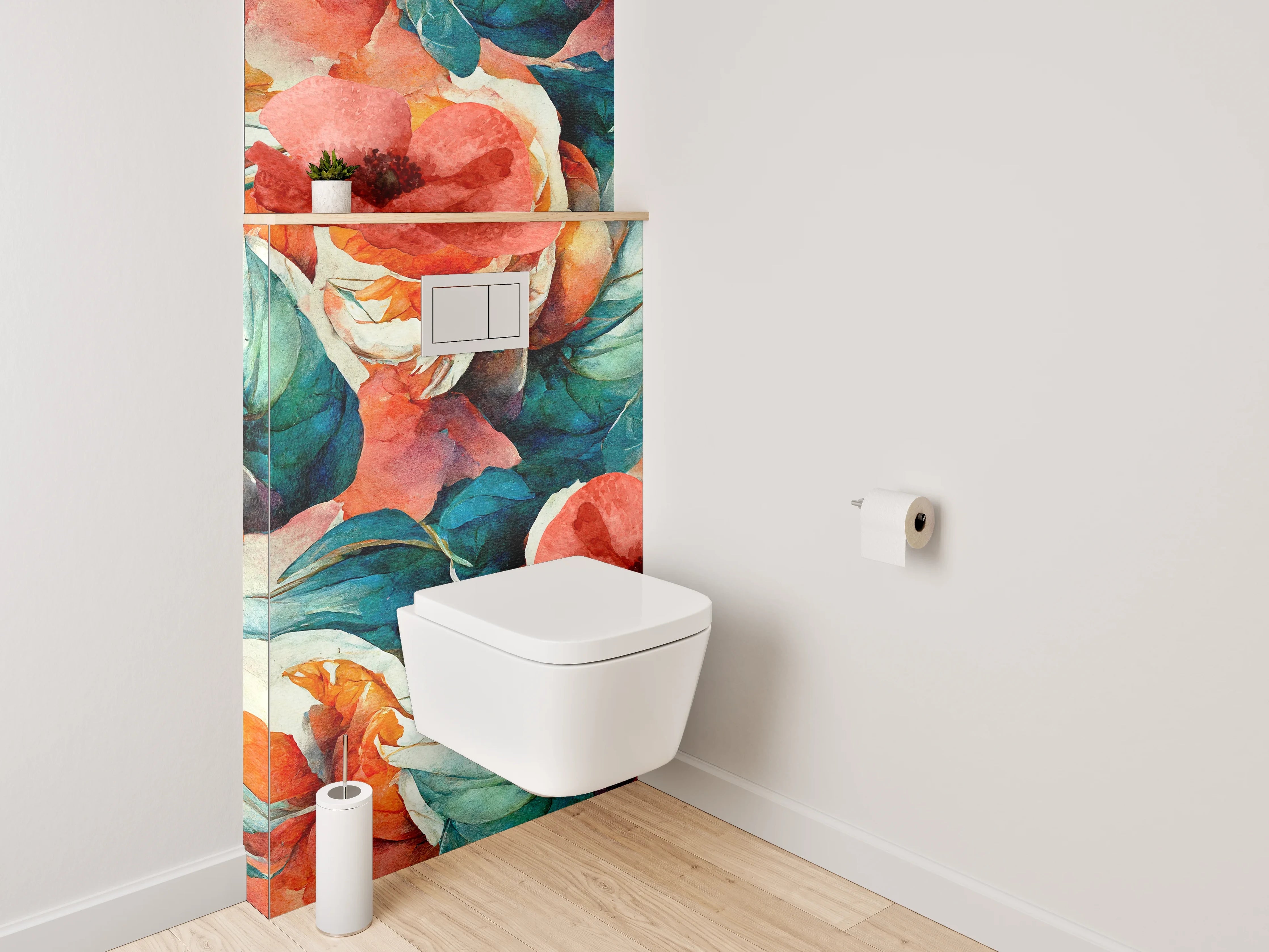 WC-Rückwand - Aquarell Blumenmuster Türkis Koralle