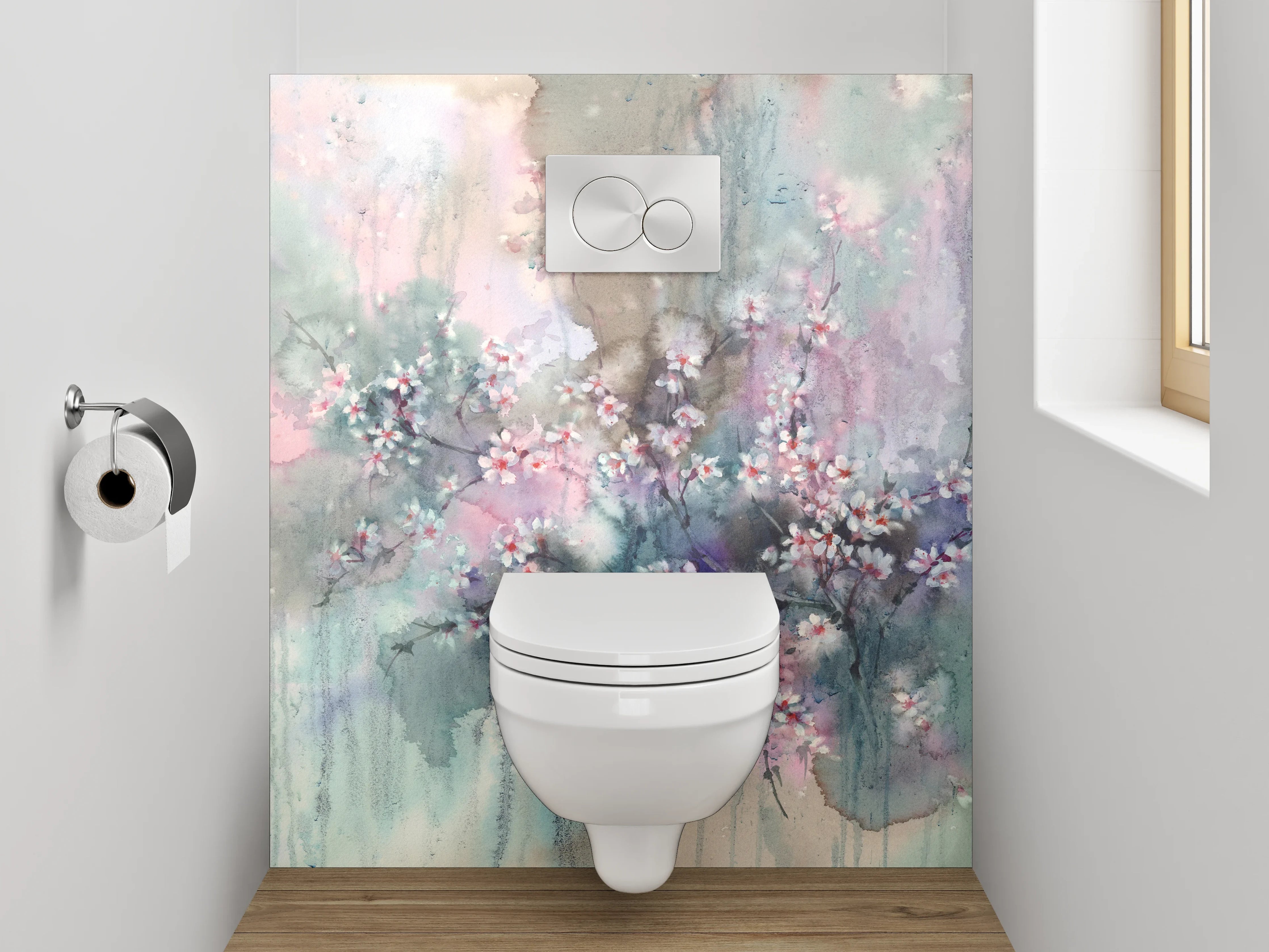 WC-Rückwand - Aquarell Kirschblüten Wandbild Pastell