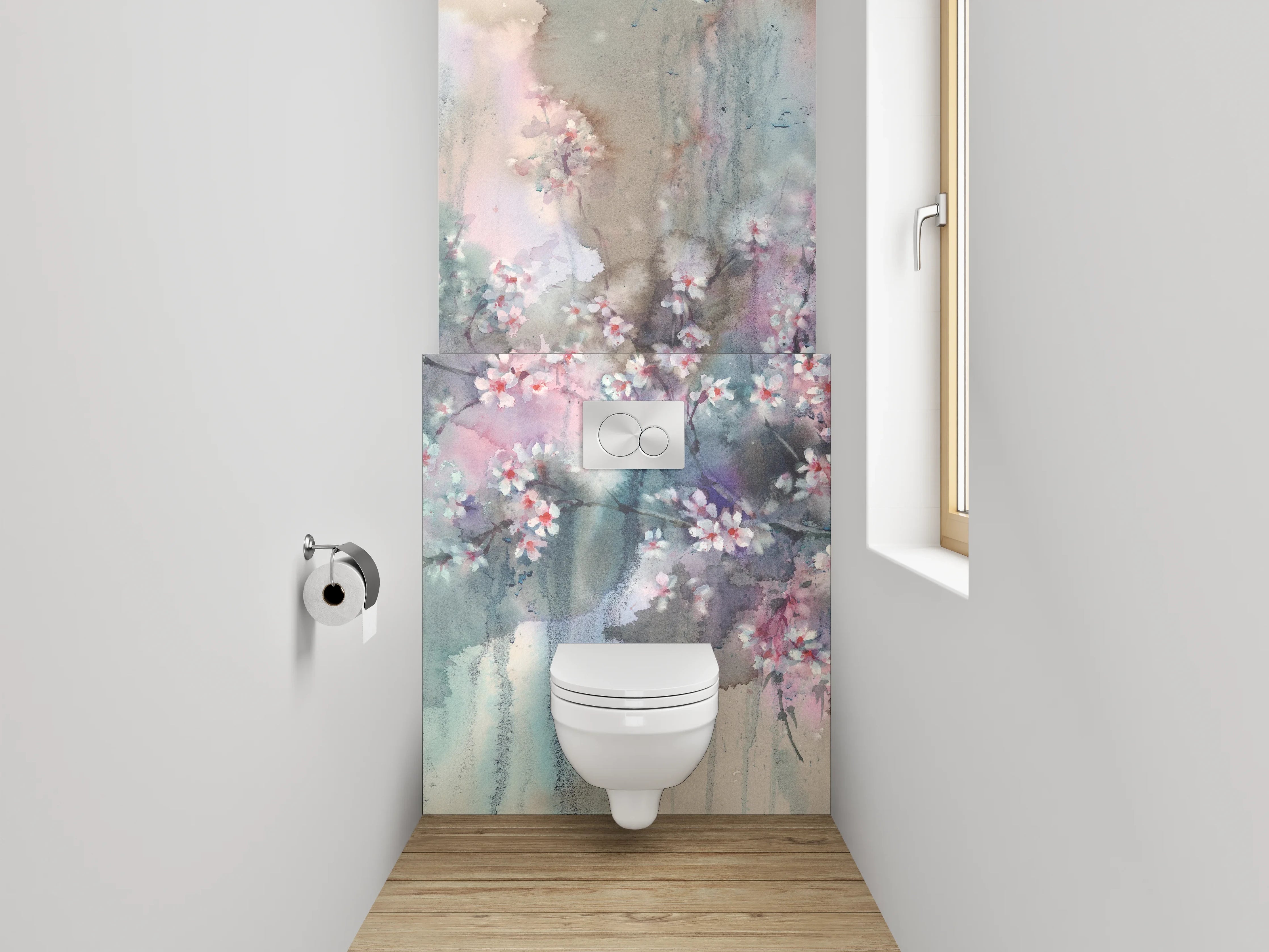 WC-Rückwand - Aquarell Kirschblüten Wandbild Pastell