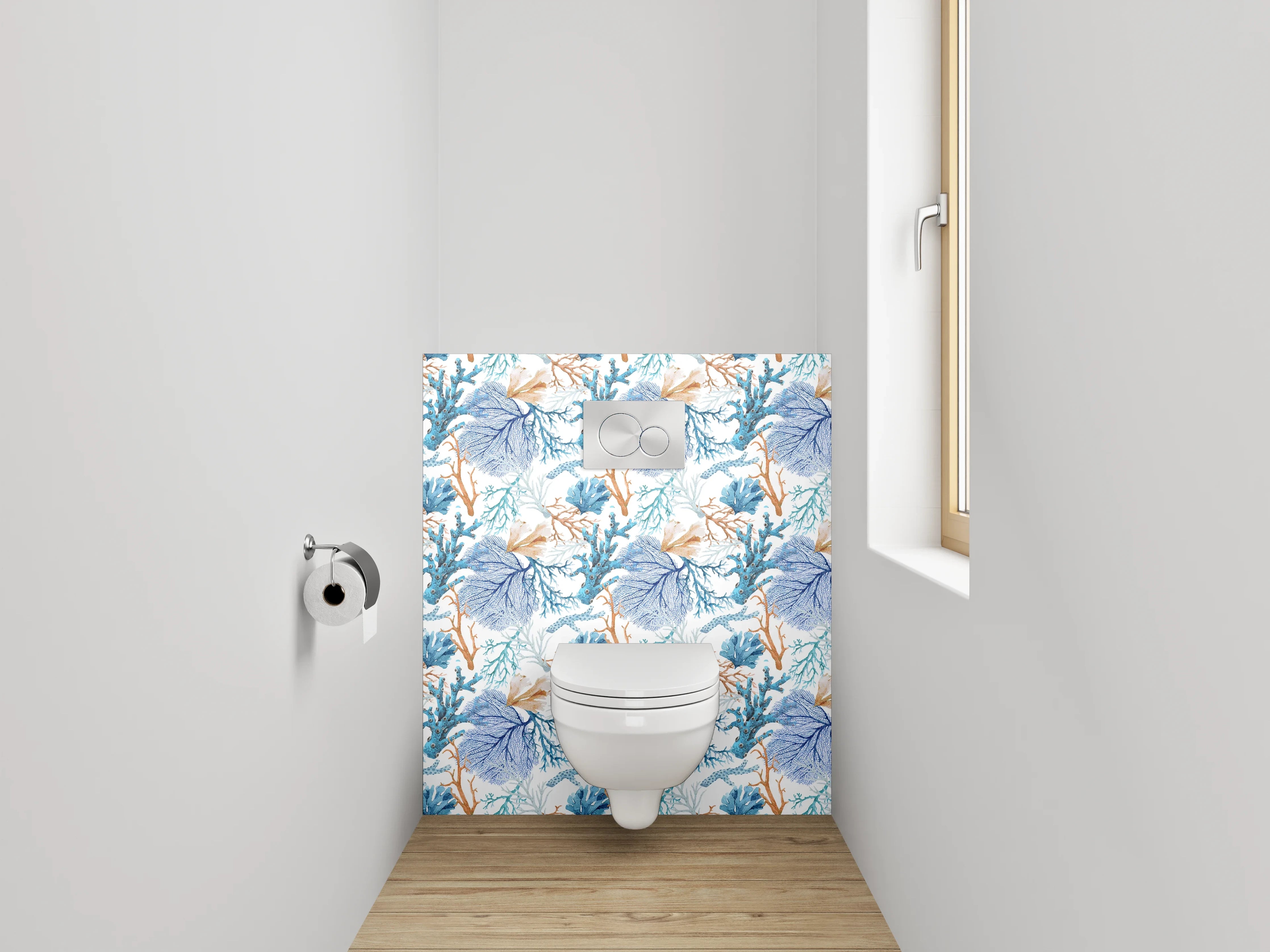 WC-Rückwand - Aquarell Korallenmuster Blau-Orange